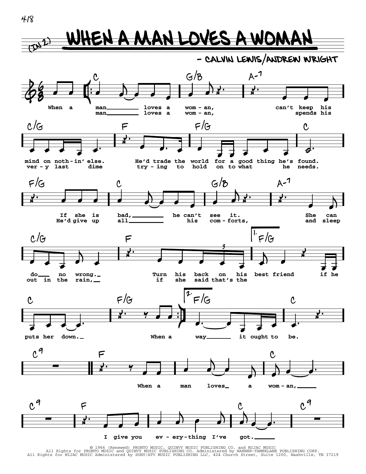Percy Sledge When A Man Loves A Woman (Low Voice) Sheet Music Notes & Chords for Real Book – Melody, Lyrics & Chords - Download or Print PDF