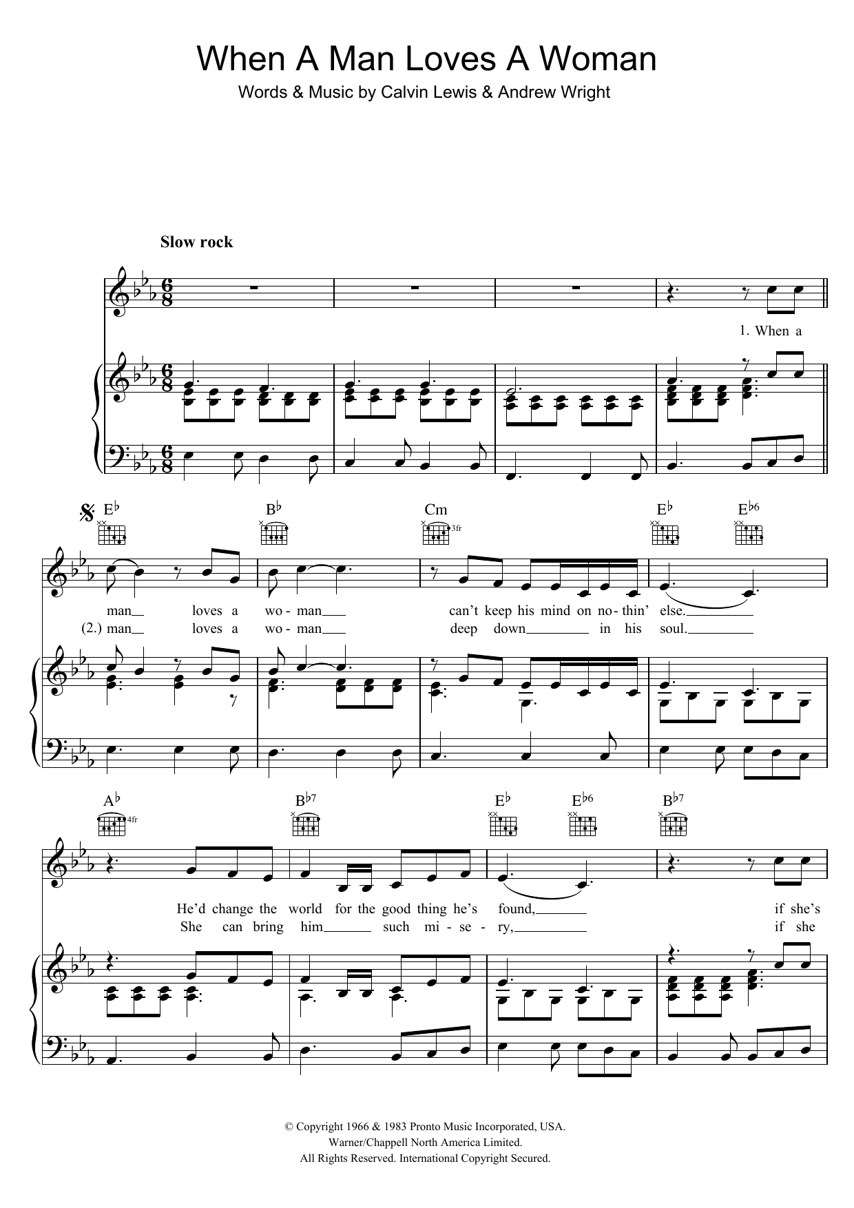Percy Sledge When A Man Loves A Woman Sheet Music Notes & Chords for Piano, Vocal & Guitar (Right-Hand Melody) - Download or Print PDF