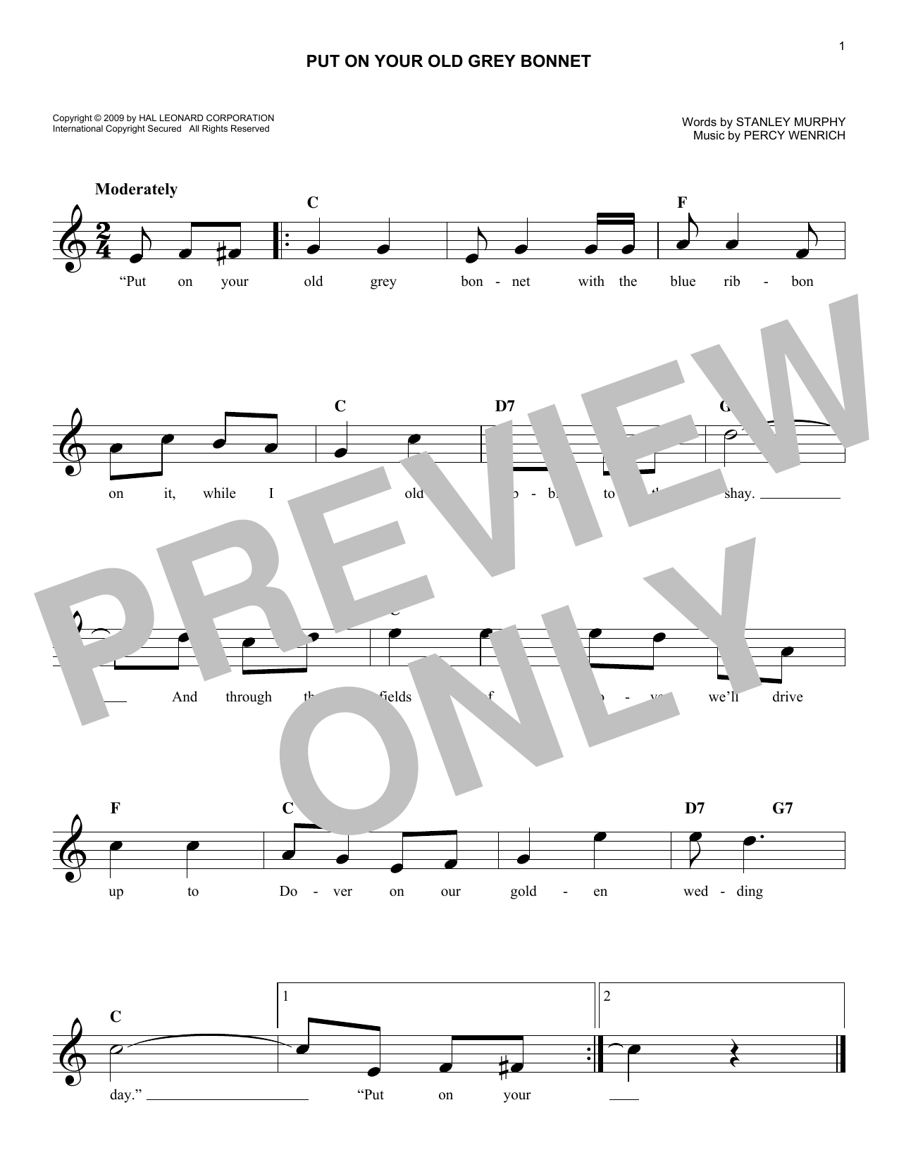 Percy Wenrich Put On Your Old Grey Bonnet Sheet Music Notes & Chords for Melody Line, Lyrics & Chords - Download or Print PDF