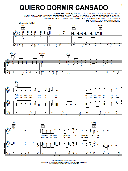 Perez Manuel Alvarez Beigbeder Quiero Dormir Cansado Sheet Music Notes & Chords for Piano, Vocal & Guitar (Right-Hand Melody) - Download or Print PDF