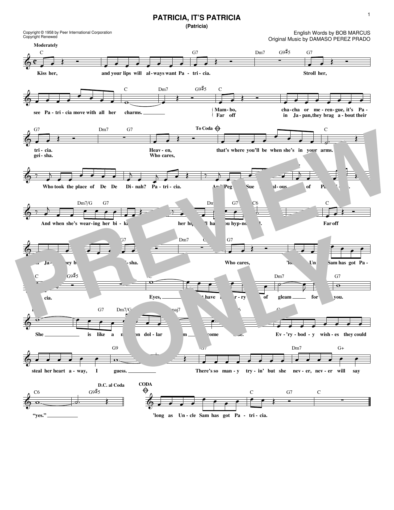Perez Prado And His Orchestra Patricia, It's Patricia (Patricia) Sheet Music Notes & Chords for Melody Line, Lyrics & Chords - Download or Print PDF