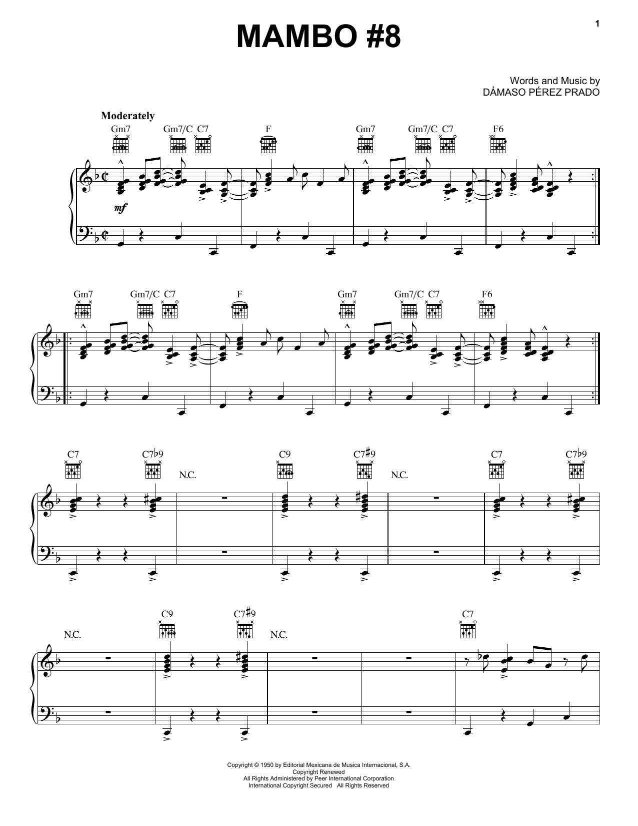 Pérez Prado Mambo #8 Sheet Music Notes & Chords for Piano, Vocal & Guitar Chords (Right-Hand Melody) - Download or Print PDF