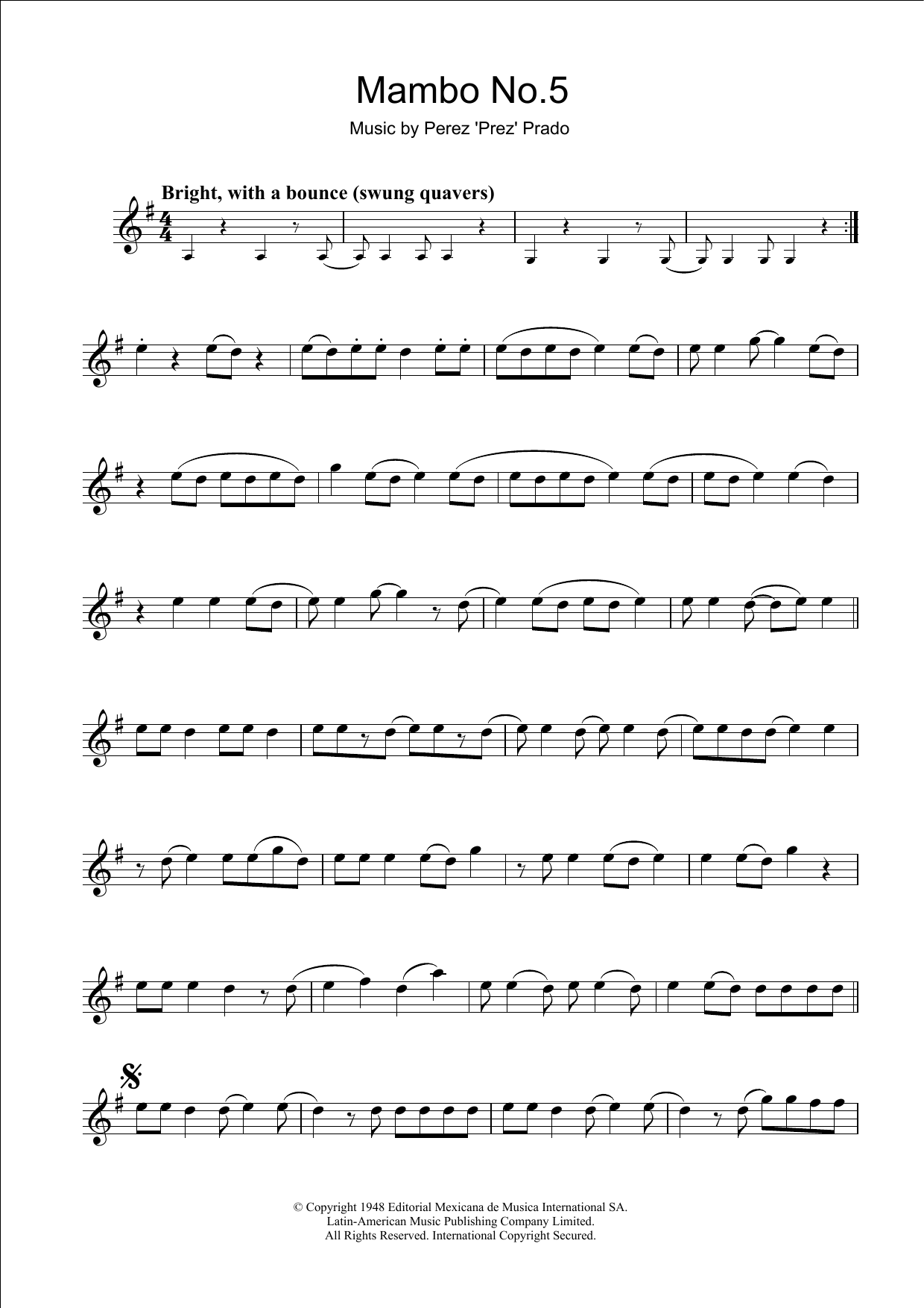 Perez Prado Mambo No. 5 Sheet Music Notes & Chords for Flute - Download or Print PDF