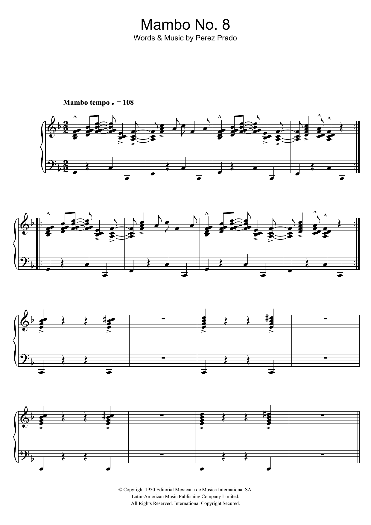 Perez Prado Mambo No. 8 Sheet Music Notes & Chords for Piano - Download or Print PDF