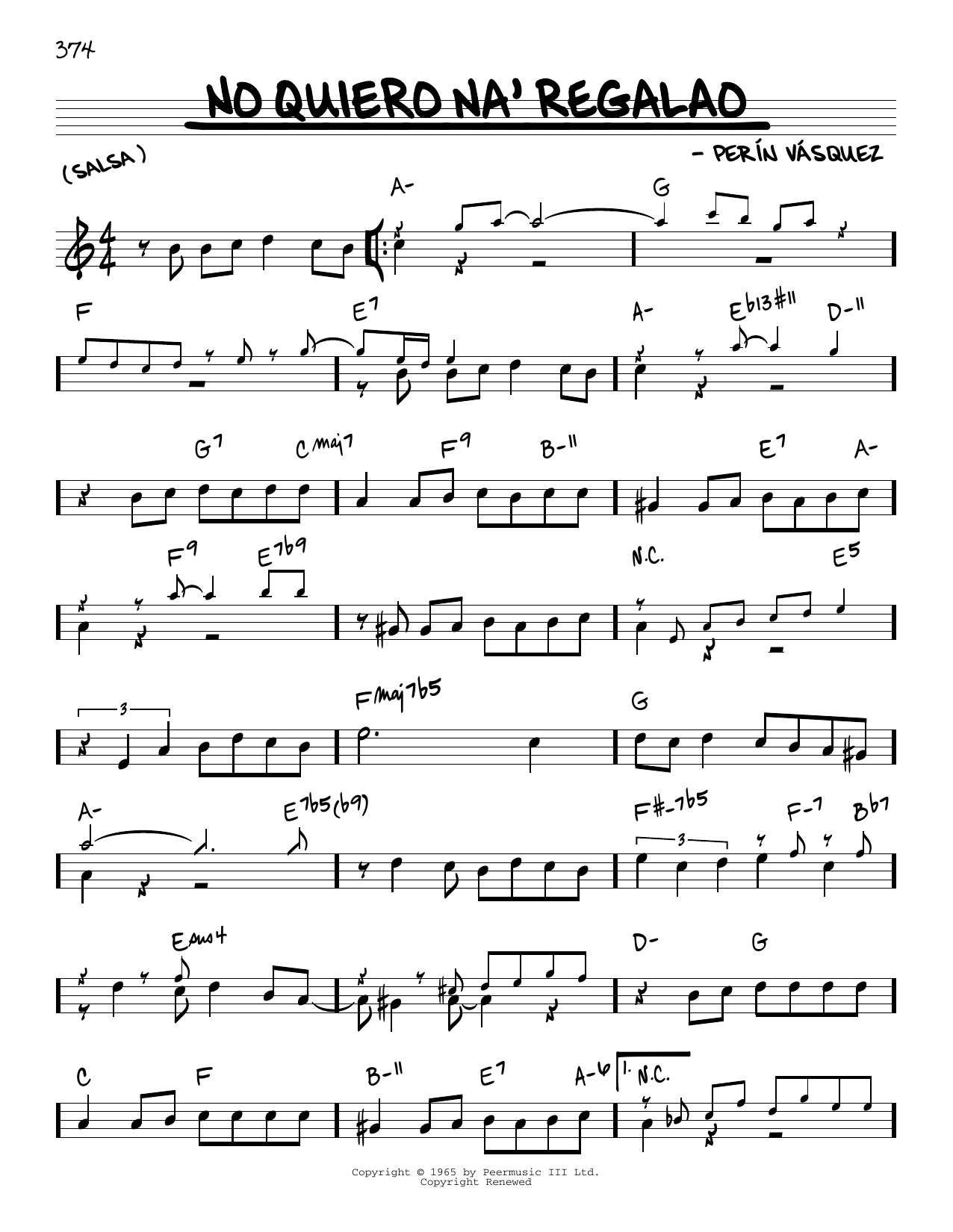 Perin Vasquez No Quiero Na' Regalao Sheet Music Notes & Chords for Real Book – Melody & Chords - Download or Print PDF