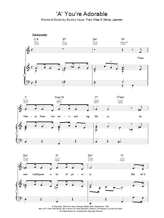 Buddy Kaye 'A' You're Adorable Sheet Music Notes & Chords for Piano, Vocal & Guitar (Right-Hand Melody) - Download or Print PDF