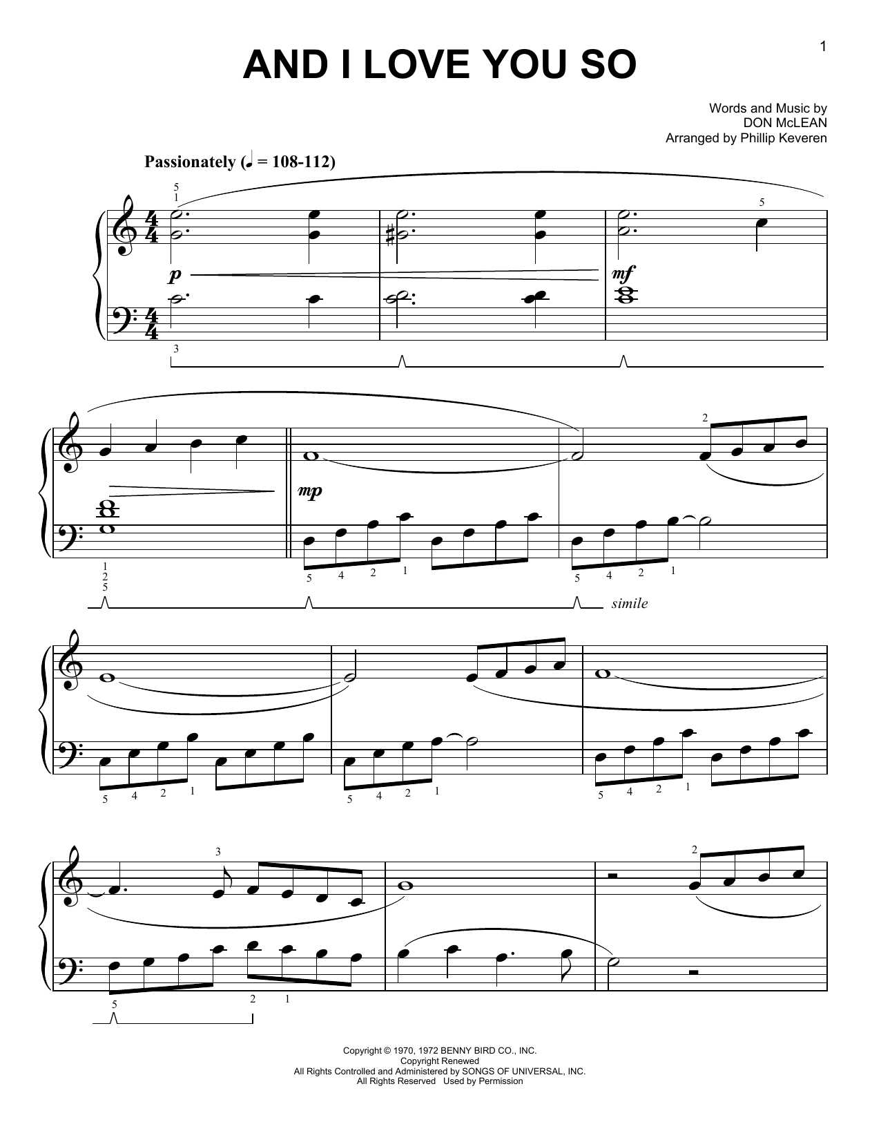Perry Como And I Love You So [Classical version] (arr. Phillip Keveren) Sheet Music Notes & Chords for Easy Piano - Download or Print PDF