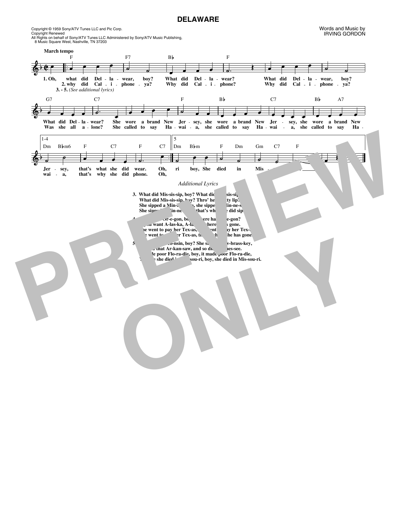 Perry Como Delaware Sheet Music Notes & Chords for Lead Sheet / Fake Book - Download or Print PDF