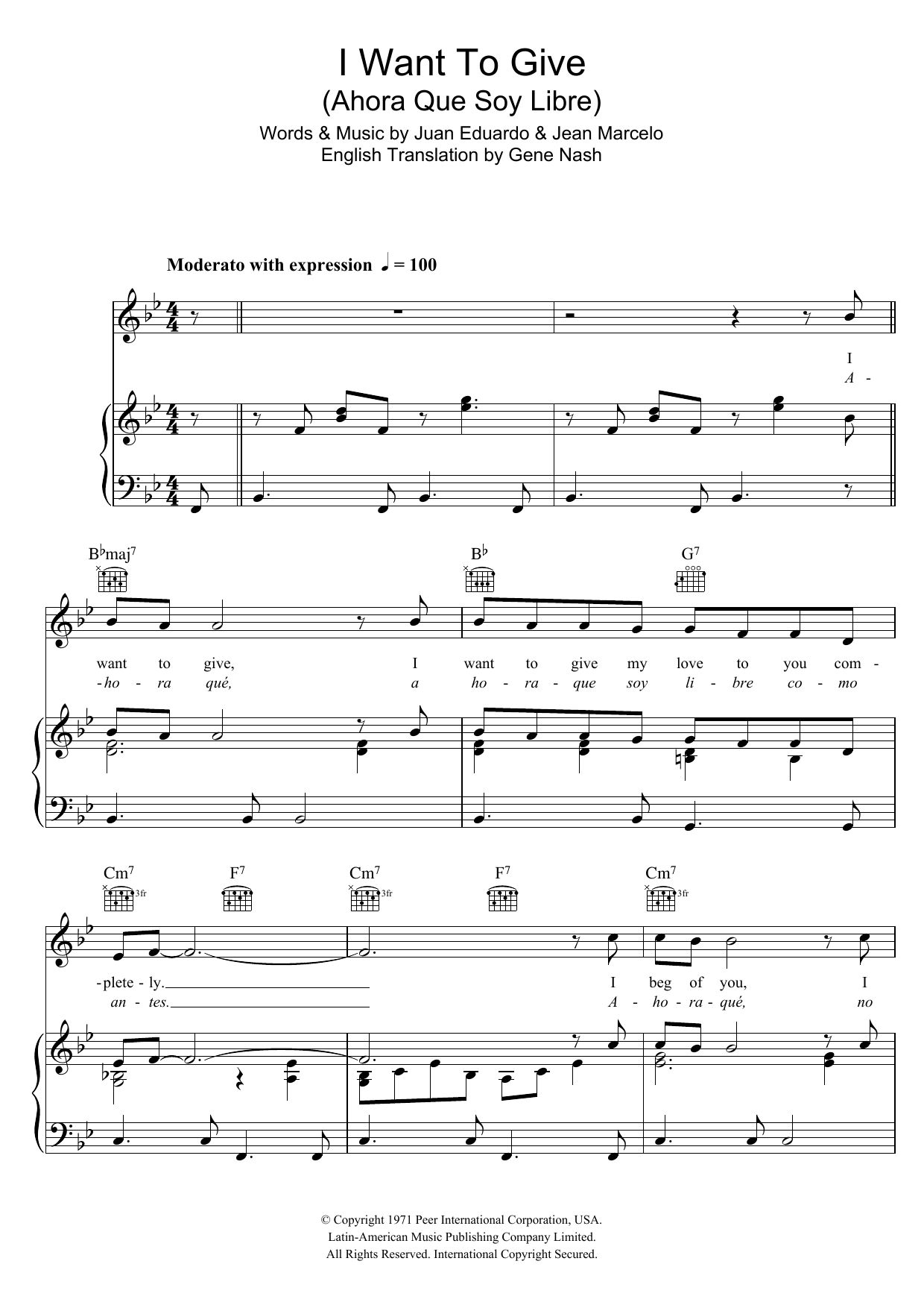 Perry Como I Want To Give (Ahora Que Soy Libre) Sheet Music Notes & Chords for Piano, Vocal & Guitar (Right-Hand Melody) - Download or Print PDF
