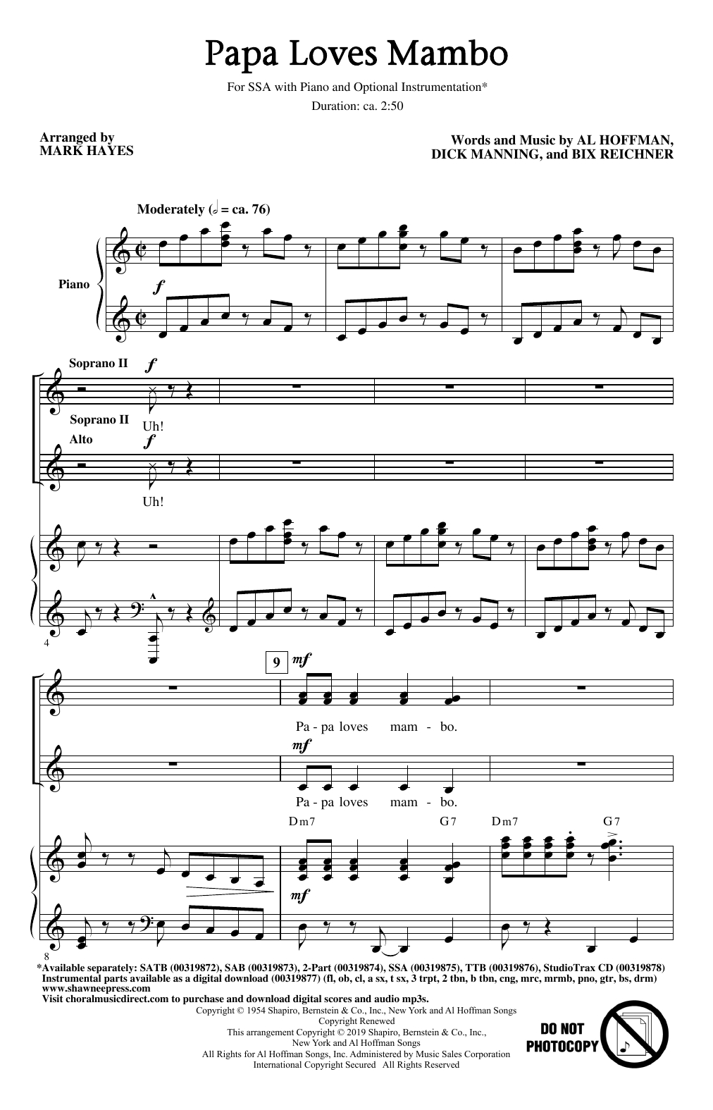 Perry Como Papa Loves Mambo (arr. Mark Hayes) Sheet Music Notes & Chords for SSA Choir - Download or Print PDF