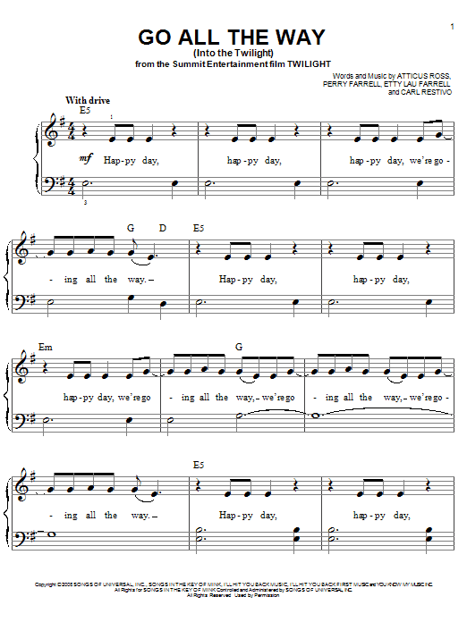 Perry Farrell Go All The Way (Into The Twilight) Sheet Music Notes & Chords for Easy Piano - Download or Print PDF