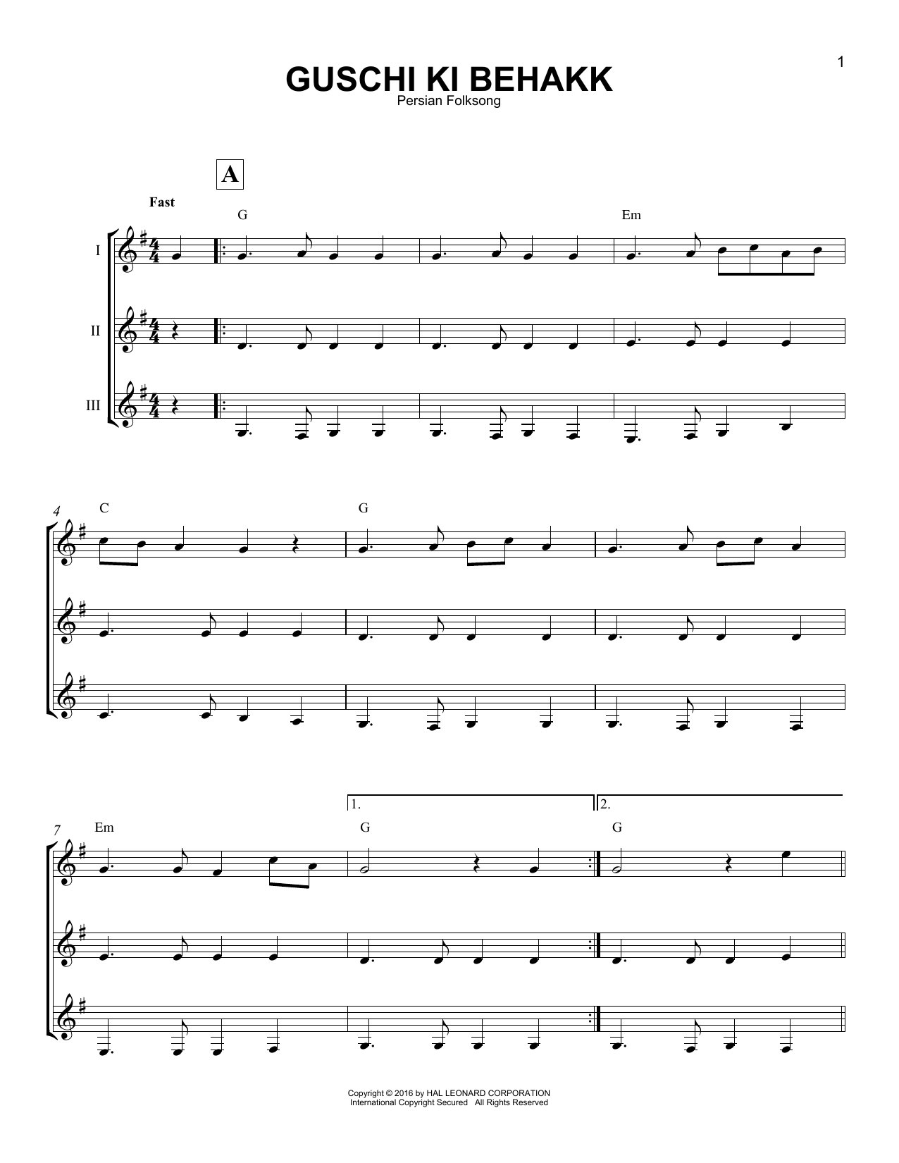 Persian Folksong Guschi Ki Behakk Sheet Music Notes & Chords for Guitar Ensemble - Download or Print PDF