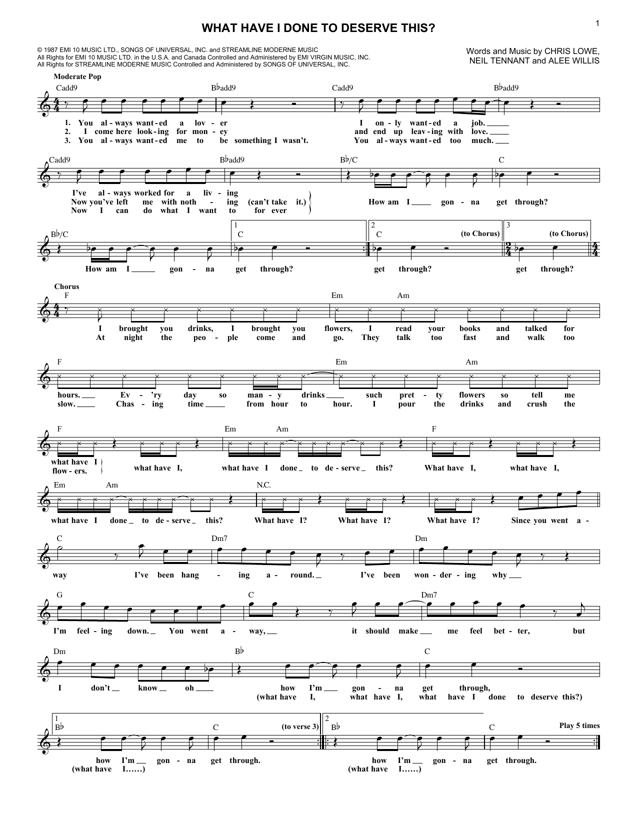 Pet Shop Boys What Have I Done To Deserve This? (feat. Dusty Springfield) Sheet Music Notes & Chords for Melody Line, Lyrics & Chords - Download or Print PDF