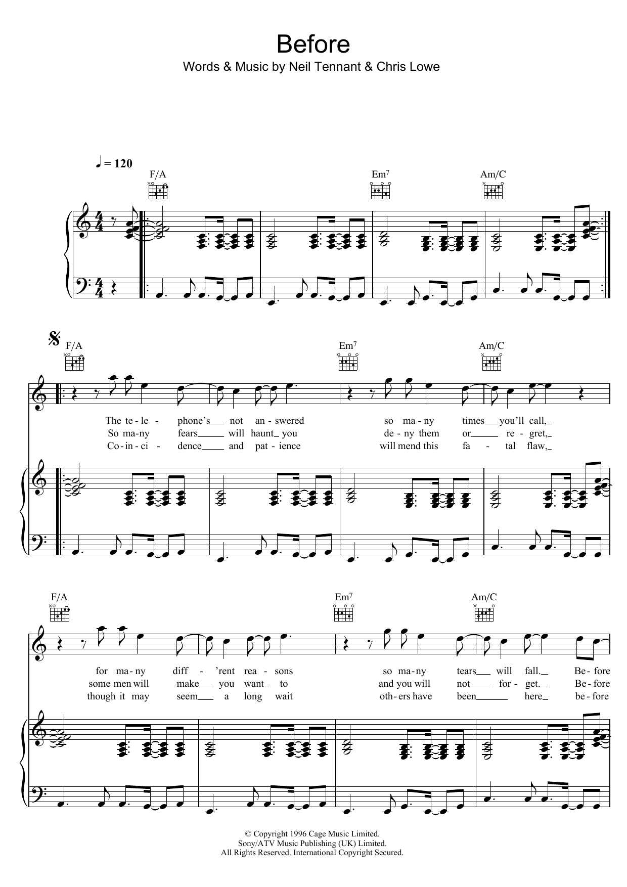 Pet Shop Boys Before Sheet Music Notes & Chords for Piano, Vocal & Guitar (Right-Hand Melody) - Download or Print PDF