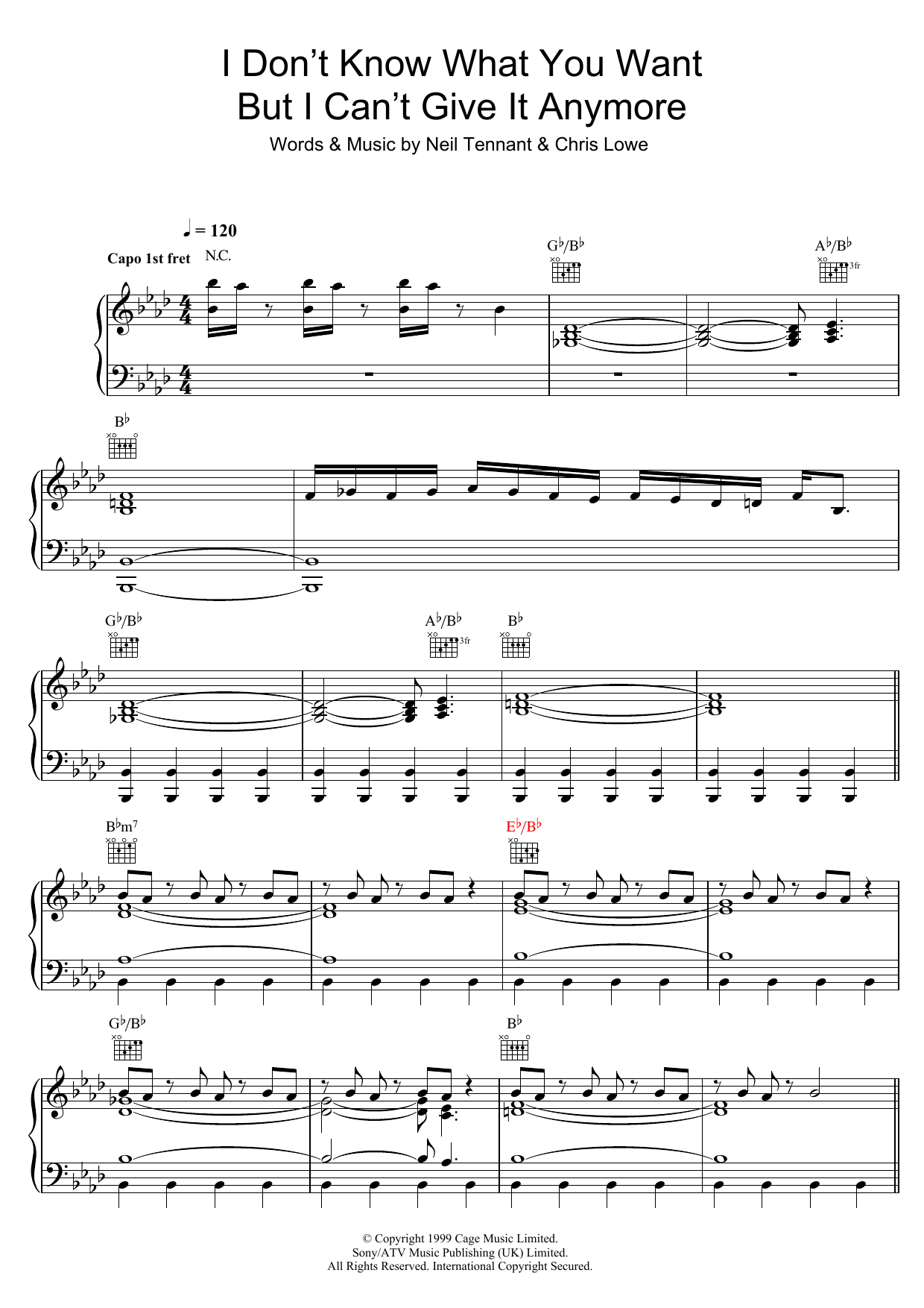 Pet Shop Boys I Don't Know What You Want But I Can't Give It Anymore Sheet Music Notes & Chords for Piano, Vocal & Guitar (Right-Hand Melody) - Download or Print PDF