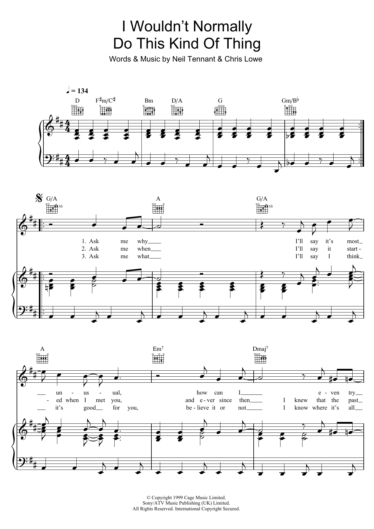 Pet Shop Boys I Wouldn't Normally Do This Kind Of Thing Sheet Music Notes & Chords for Piano, Vocal & Guitar (Right-Hand Melody) - Download or Print PDF