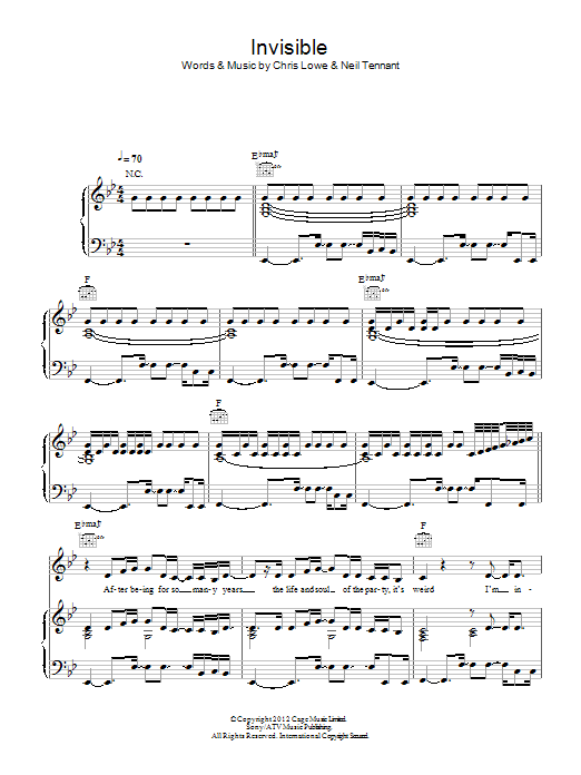 Pet Shop Boys Invisible Sheet Music Notes & Chords for Piano, Vocal & Guitar (Right-Hand Melody) - Download or Print PDF