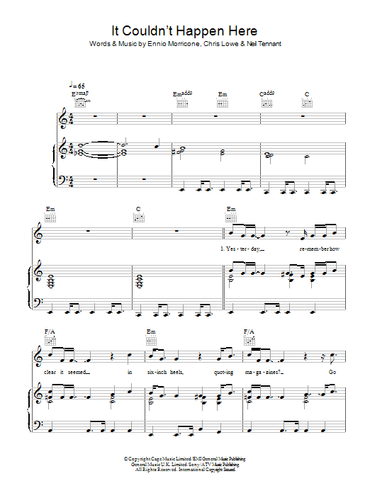 Pet Shop Boys It Couldn't Happen Here Sheet Music Notes & Chords for Piano, Vocal & Guitar (Right-Hand Melody) - Download or Print PDF