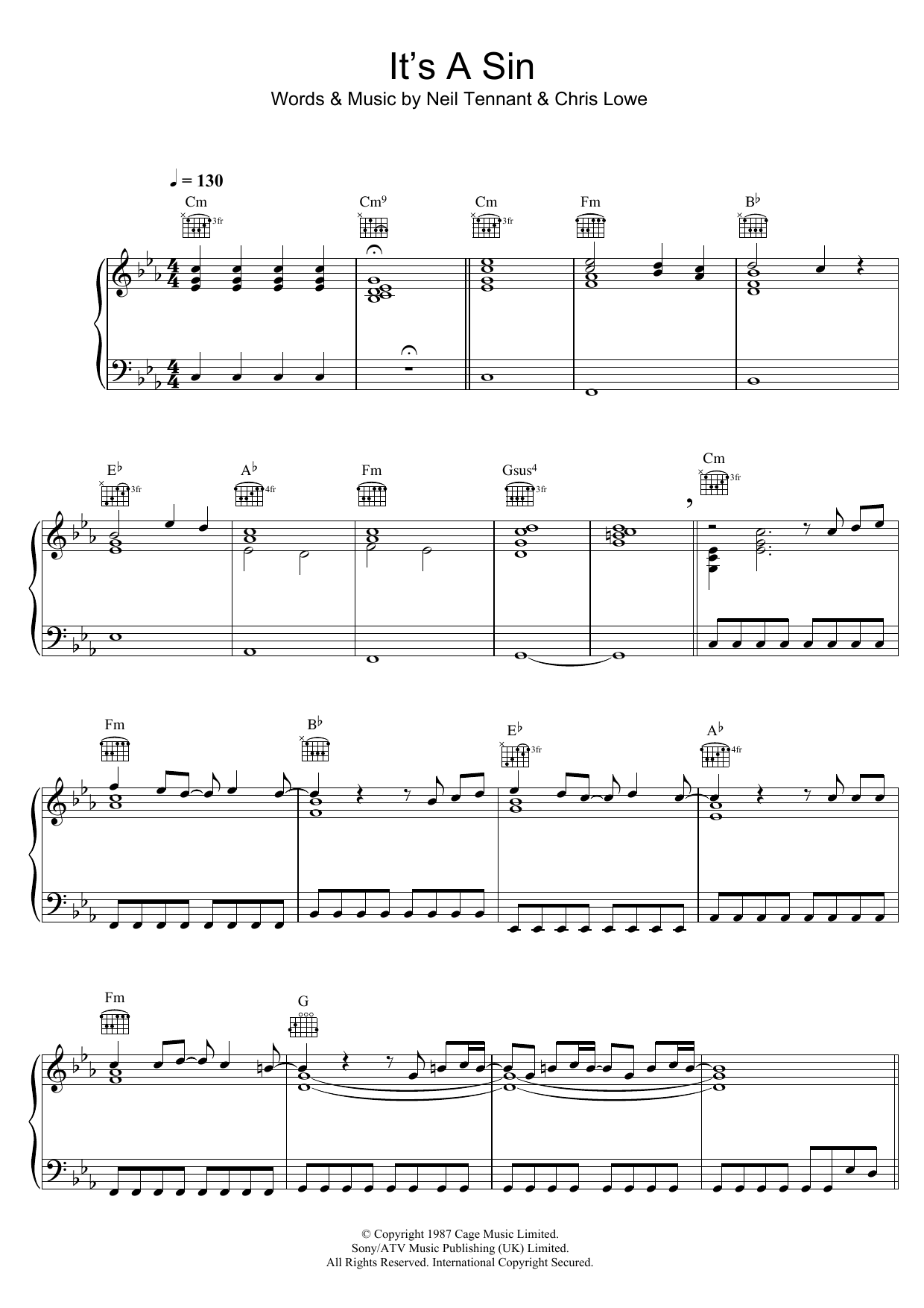 Pet Shop Boys It's A Sin Sheet Music Notes & Chords for Piano, Vocal & Guitar (Right-Hand Melody) - Download or Print PDF