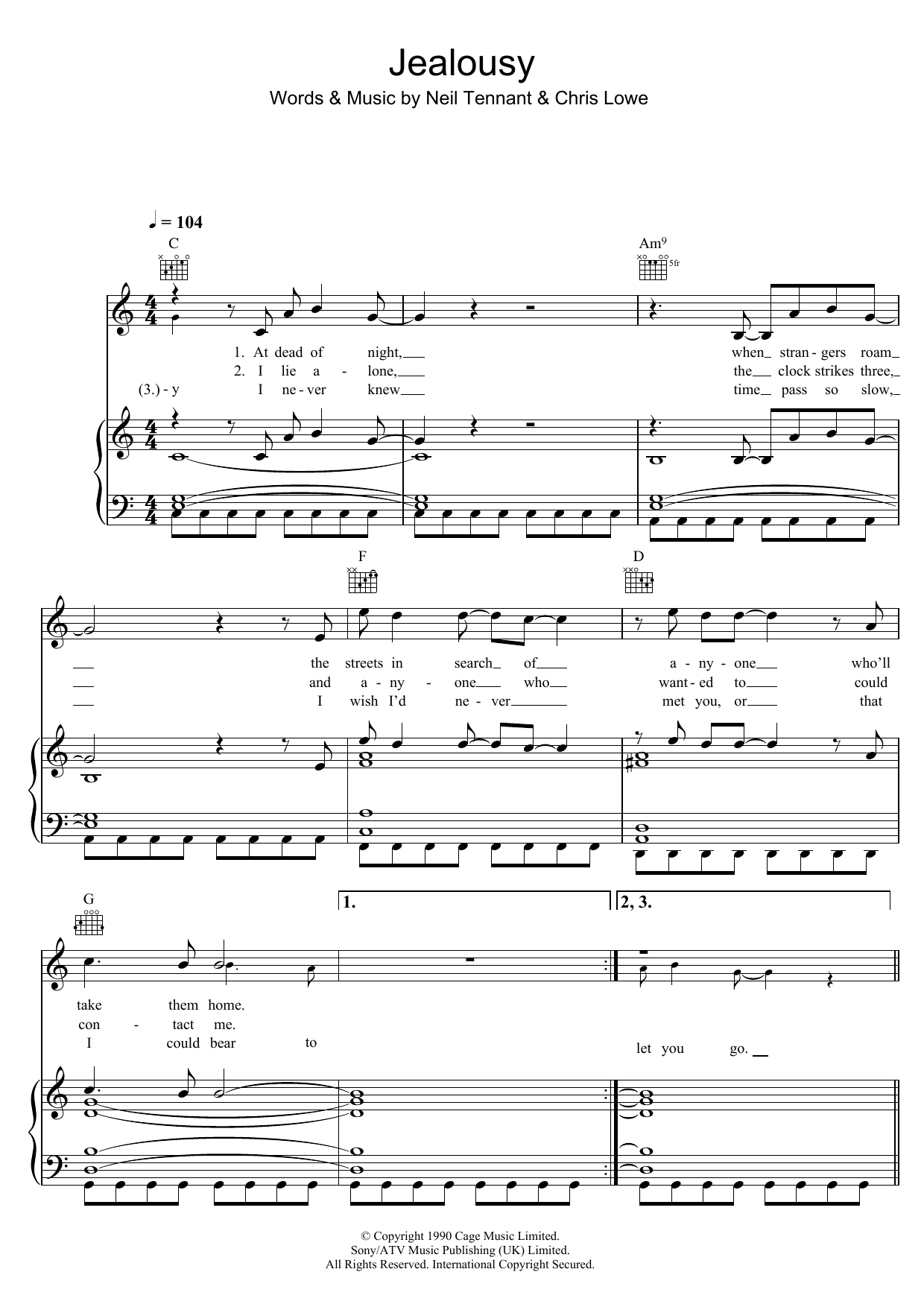 Pet Shop Boys Jealousy Sheet Music Notes & Chords for Piano, Vocal & Guitar (Right-Hand Melody) - Download or Print PDF