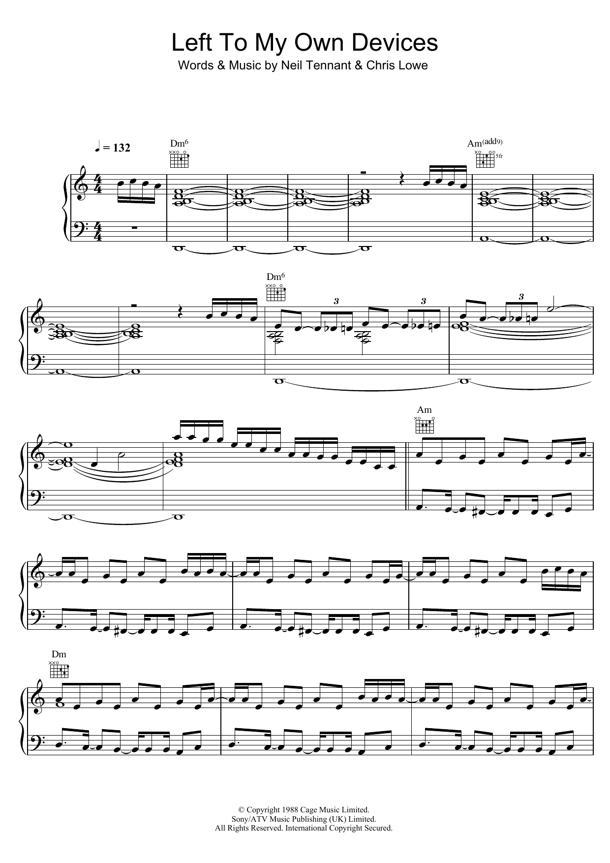 Pet Shop Boys Left To My Own Devices Sheet Music Notes & Chords for Piano, Vocal & Guitar (Right-Hand Melody) - Download or Print PDF