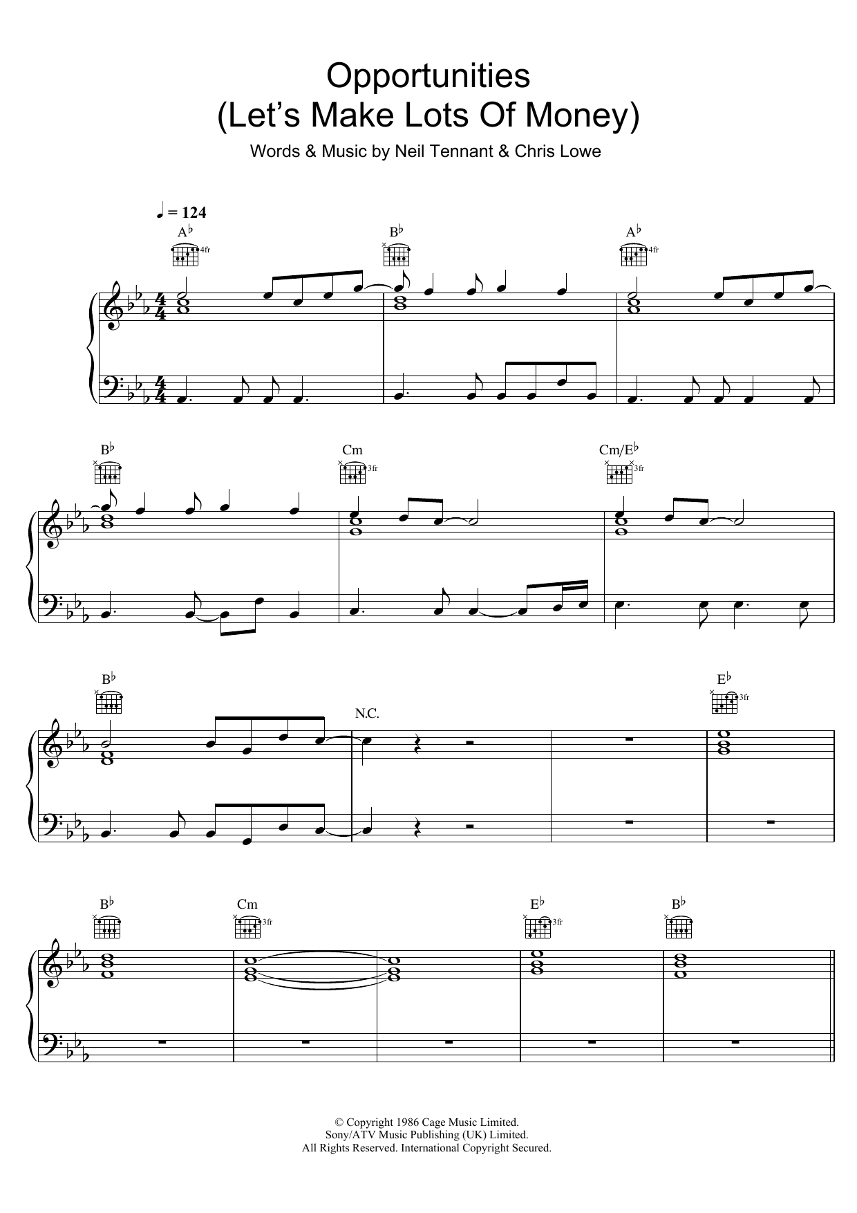 Pet Shop Boys Opportunities (Let's Make Lots Of Money) Sheet Music Notes & Chords for Piano, Vocal & Guitar - Download or Print PDF