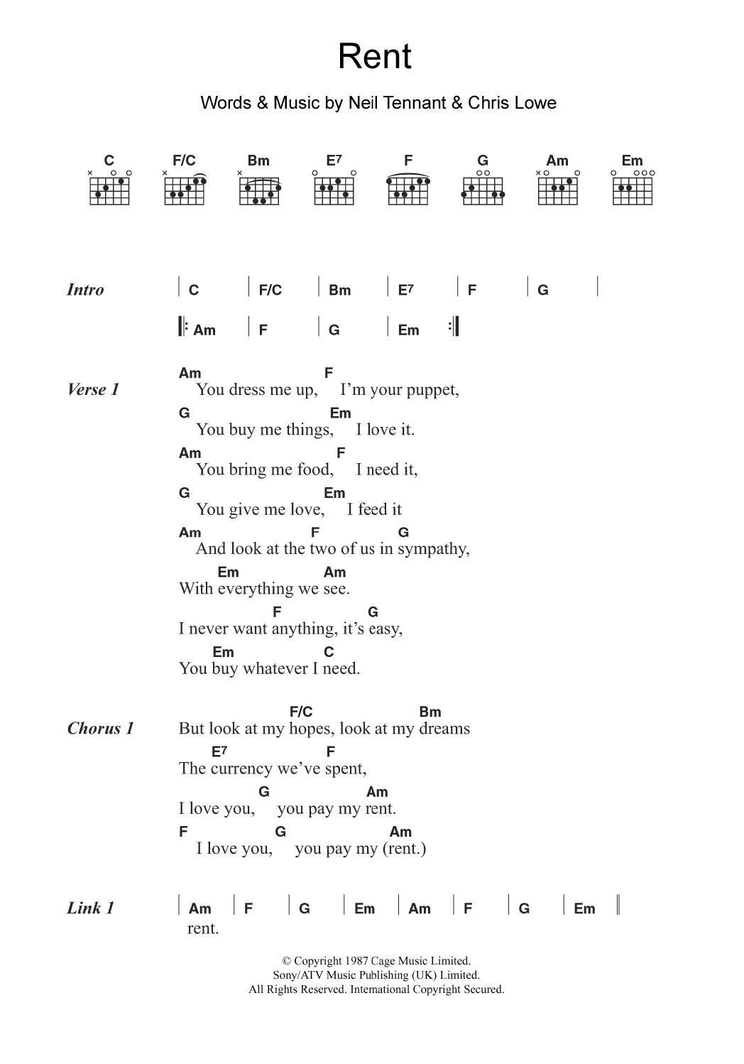 Pet Shop Boys Rent Sheet Music Notes & Chords for Guitar Chords/Lyrics - Download or Print PDF