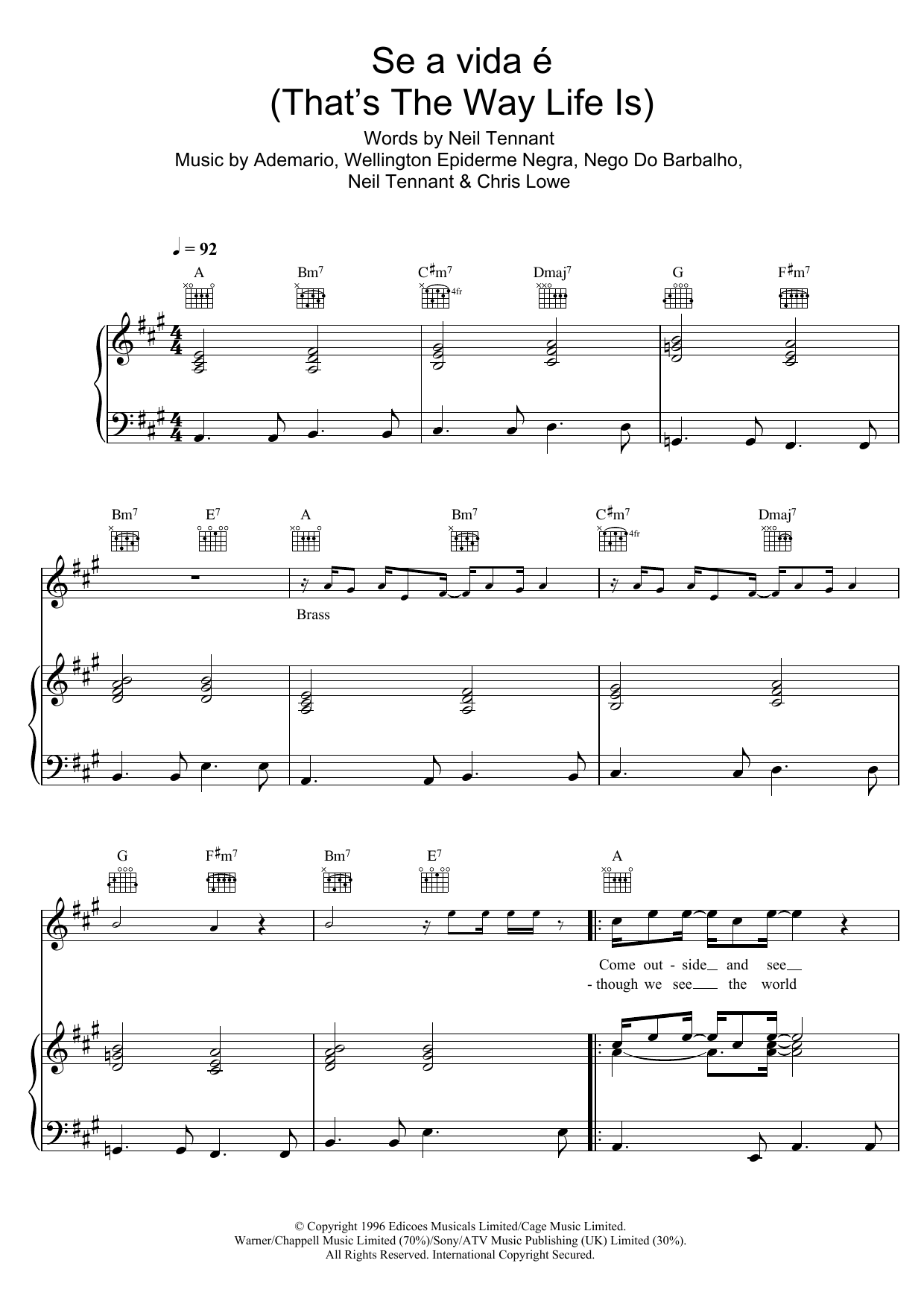 Pet Shop Boys Se a vida e (That's The Way Life Is) Sheet Music Notes & Chords for Piano, Vocal & Guitar (Right-Hand Melody) - Download or Print PDF