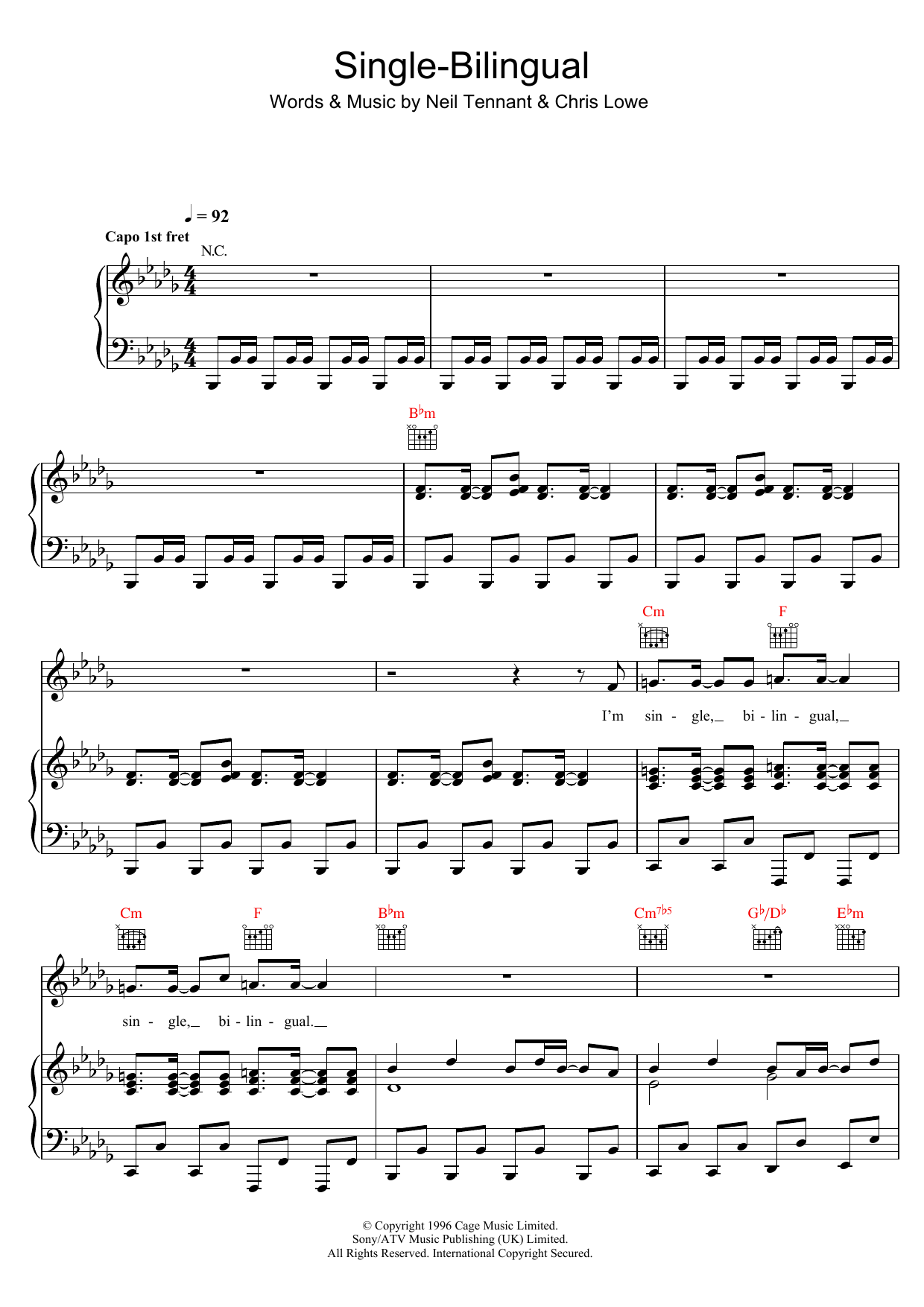 Pet Shop Boys Single-Bilingual Sheet Music Notes & Chords for Piano, Vocal & Guitar (Right-Hand Melody) - Download or Print PDF