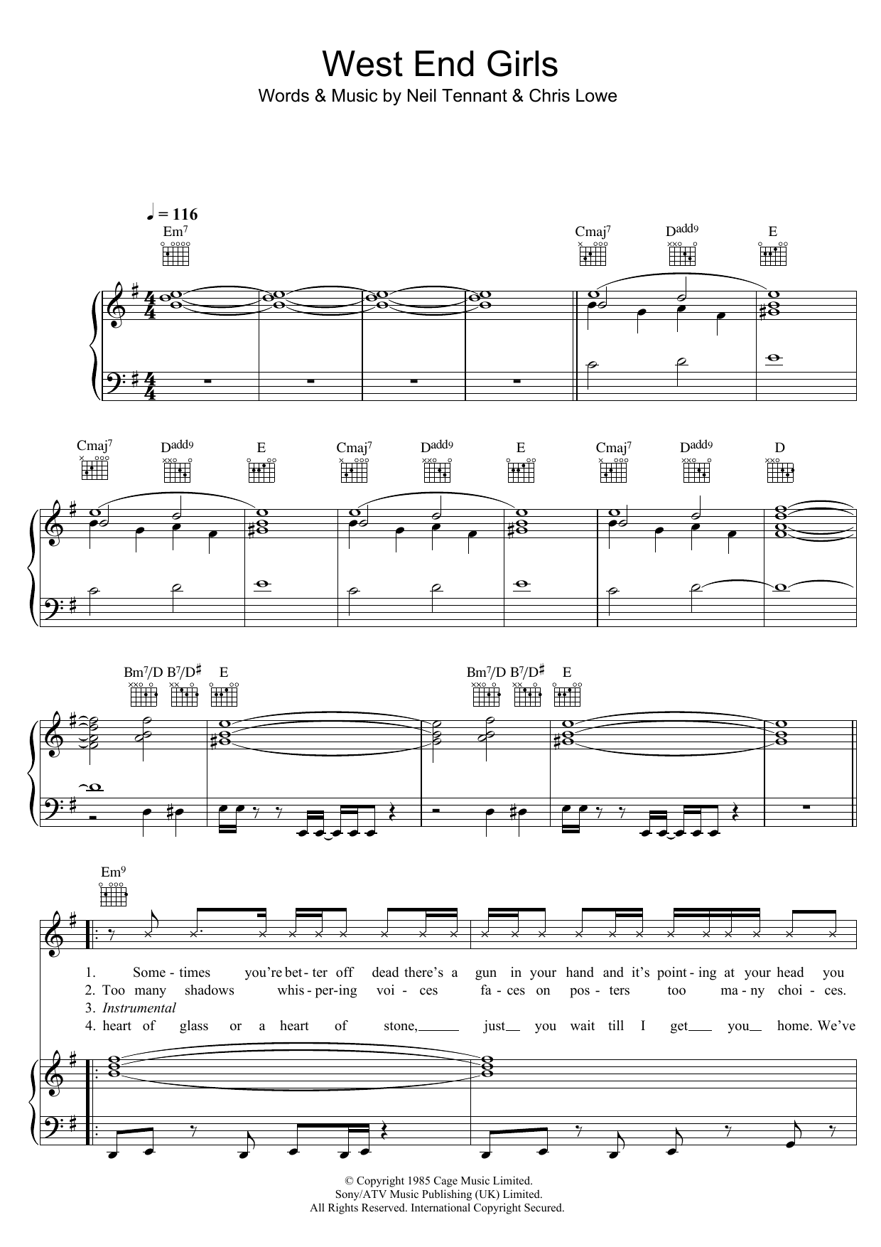 Pet Shop Boys West End Girls Sheet Music Notes & Chords for Piano, Vocal & Guitar - Download or Print PDF