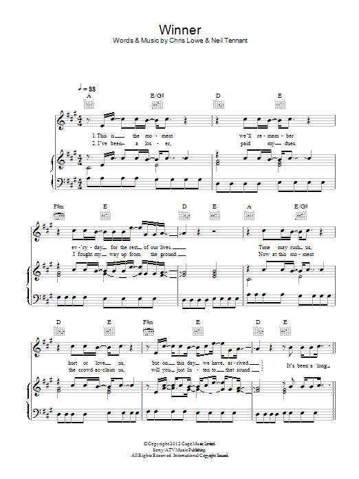Pet Shop Boys Winner Sheet Music Notes & Chords for Piano, Vocal & Guitar (Right-Hand Melody) - Download or Print PDF