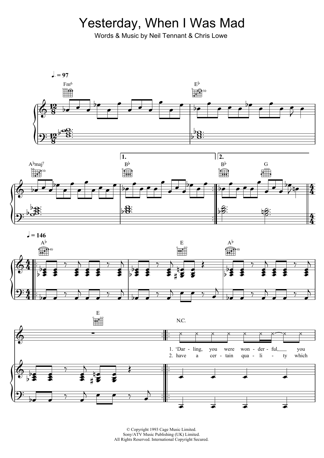 Pet Shop Boys Yesterday, When I Was Mad Sheet Music Notes & Chords for Piano, Vocal & Guitar (Right-Hand Melody) - Download or Print PDF