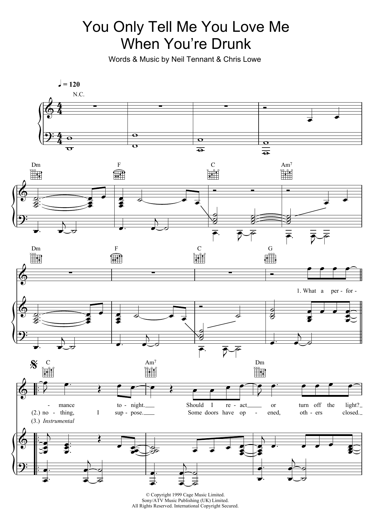 Pet Shop Boys You Only Tell Me You Love Me When You're Drunk Sheet Music Notes & Chords for Piano, Vocal & Guitar (Right-Hand Melody) - Download or Print PDF
