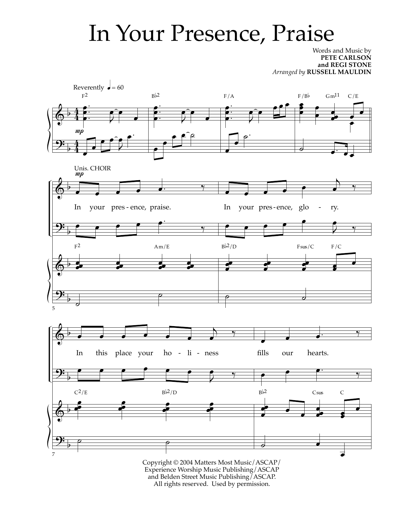 Pete Carlson and Regi Stone In Your Presence, Praise (arr. Russell Mauldin) Sheet Music Notes & Chords for Piano & Vocal - Download or Print PDF