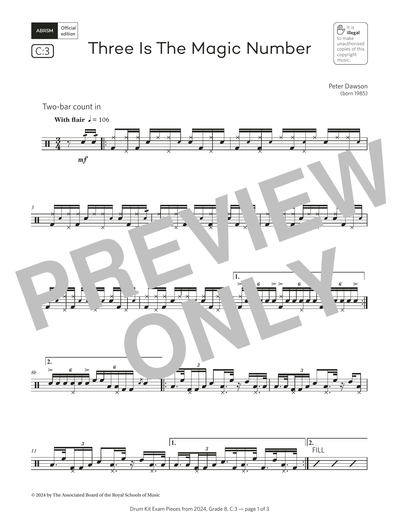 Pete Dawson Three Is The Magic Number (Grade 8, list C3, from the ABRSM Drum Kit Syllabus 2024) Sheet Music Notes & Chords for Drums - Download or Print PDF