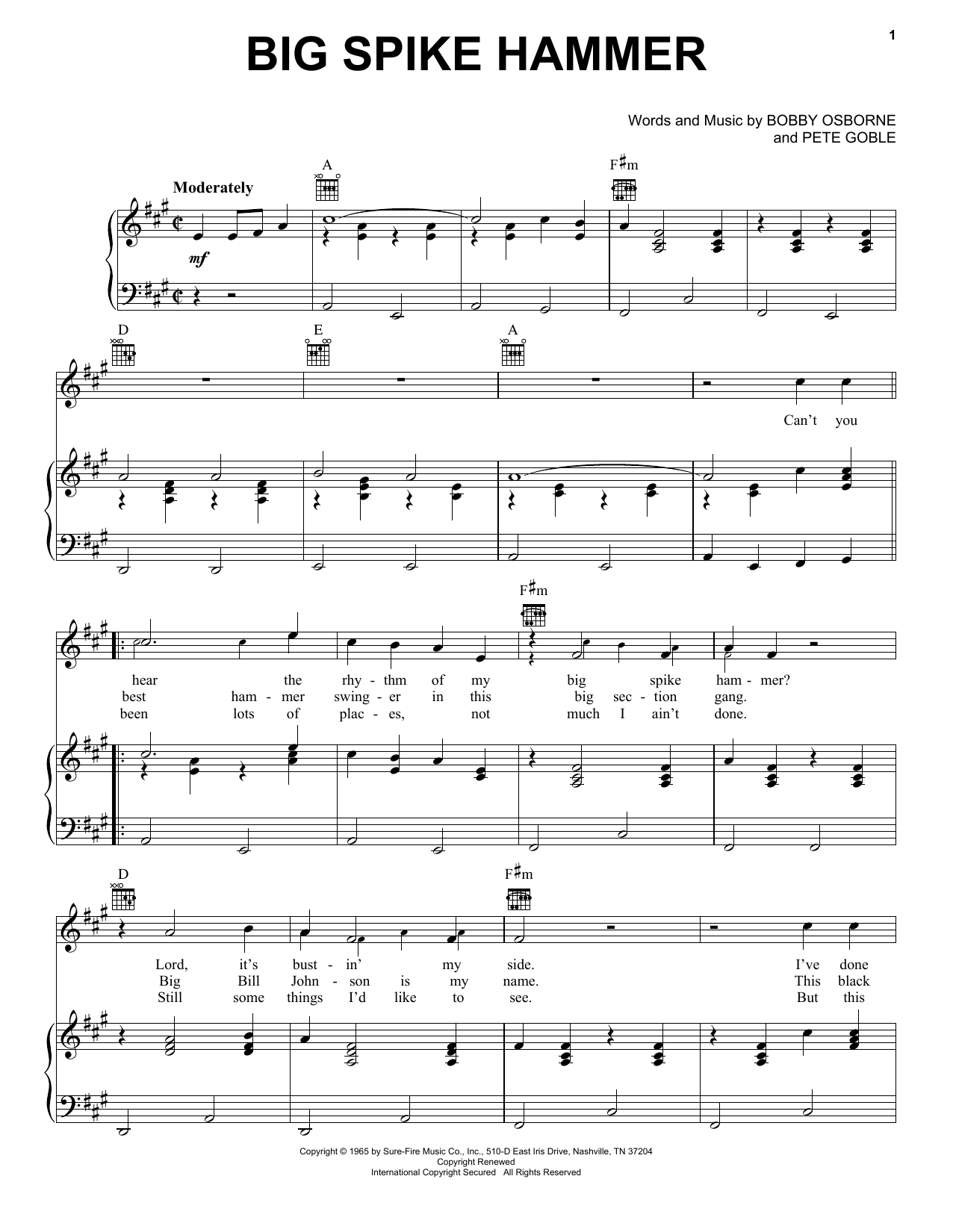 Pete Goble Big Spike Hammer Sheet Music Notes & Chords for Piano, Vocal & Guitar Chords (Right-Hand Melody) - Download or Print PDF