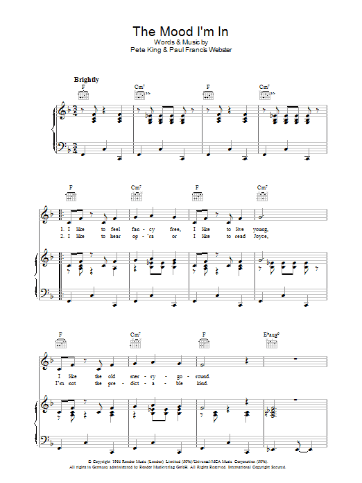Pete King The Mood I'm In Sheet Music Notes & Chords for Piano, Vocal & Guitar (Right-Hand Melody) - Download or Print PDF