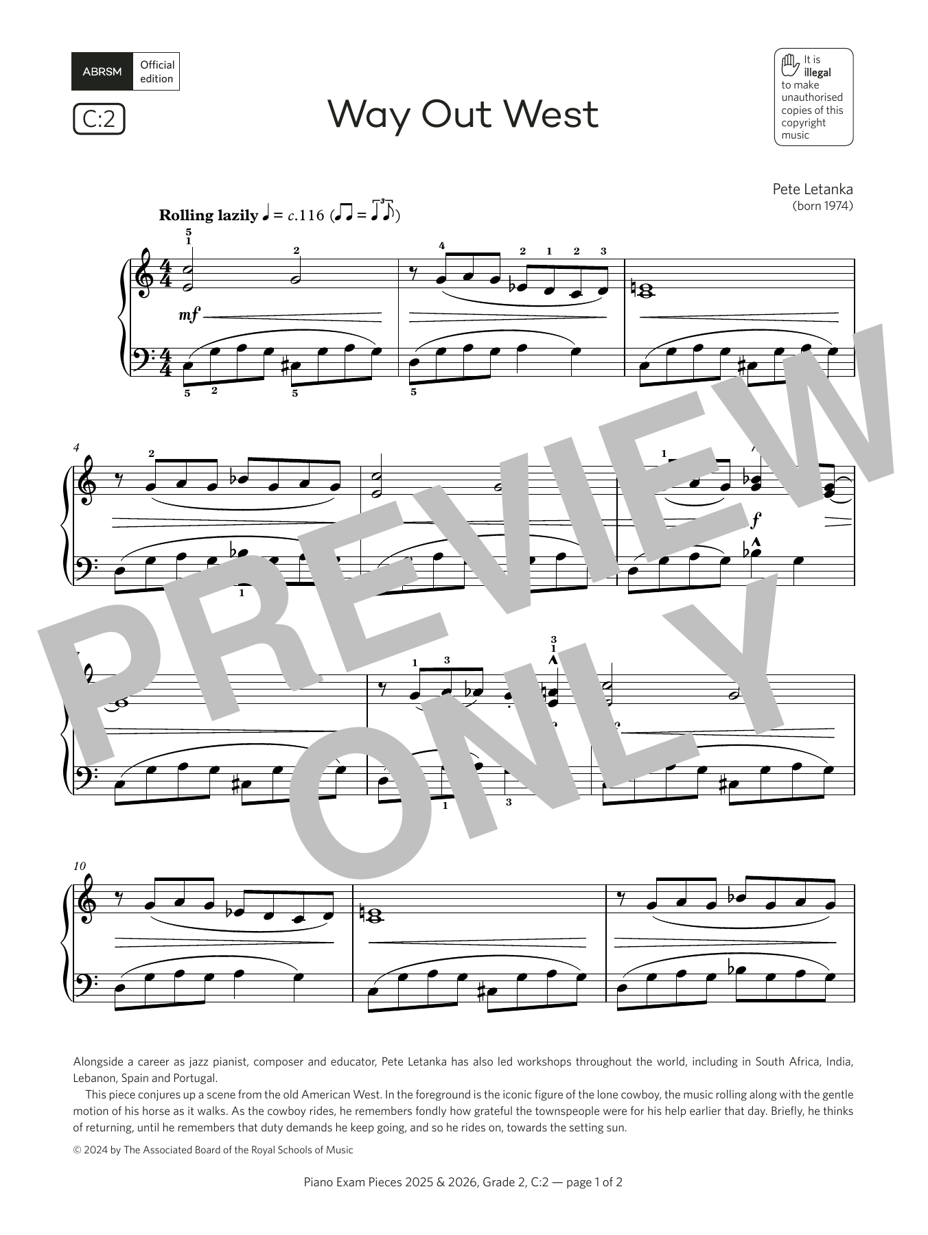 Pete Letanka Way Out West (Grade 2, list C2, from the ABRSM Piano Syllabus 2025 & 2026) Sheet Music Notes & Chords for Piano Solo - Download or Print PDF