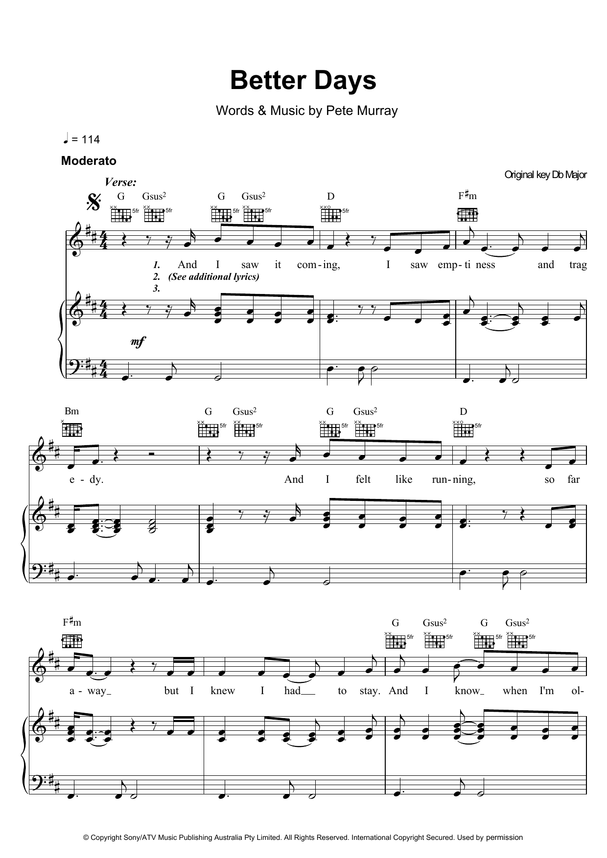 Pete Murray Better Days Sheet Music Notes & Chords for Piano, Vocal & Guitar (Right-Hand Melody) - Download or Print PDF
