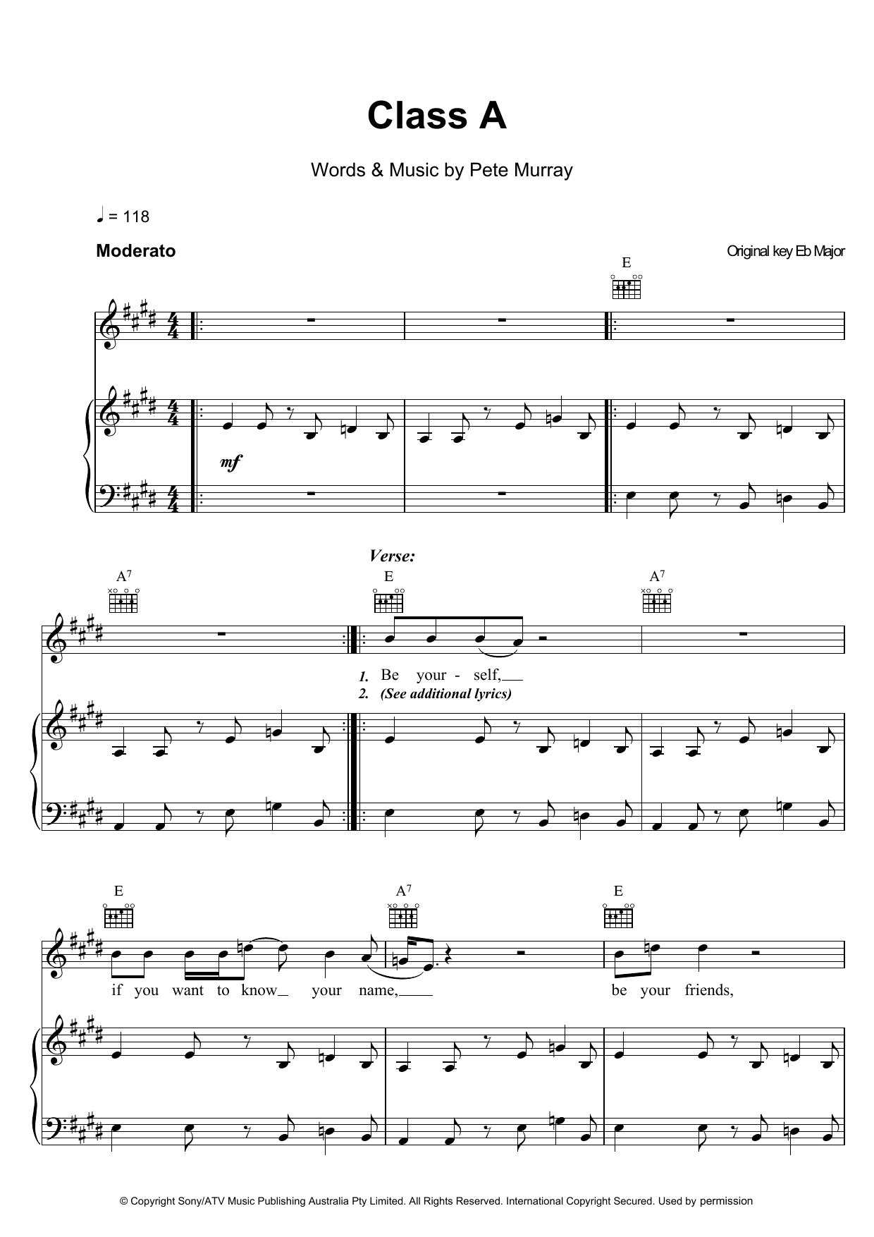 Pete Murray Class A Sheet Music Notes & Chords for Piano, Vocal & Guitar - Download or Print PDF