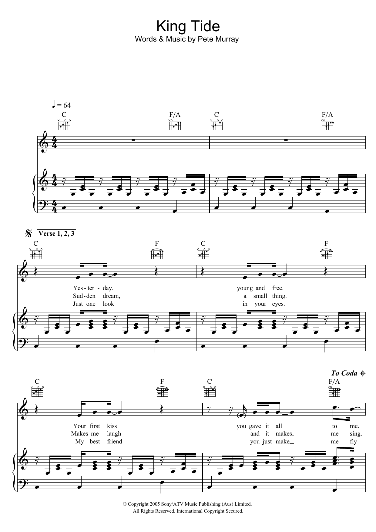 Pete Murray King Tide Sheet Music Notes & Chords for Piano, Vocal & Guitar (Right-Hand Melody) - Download or Print PDF