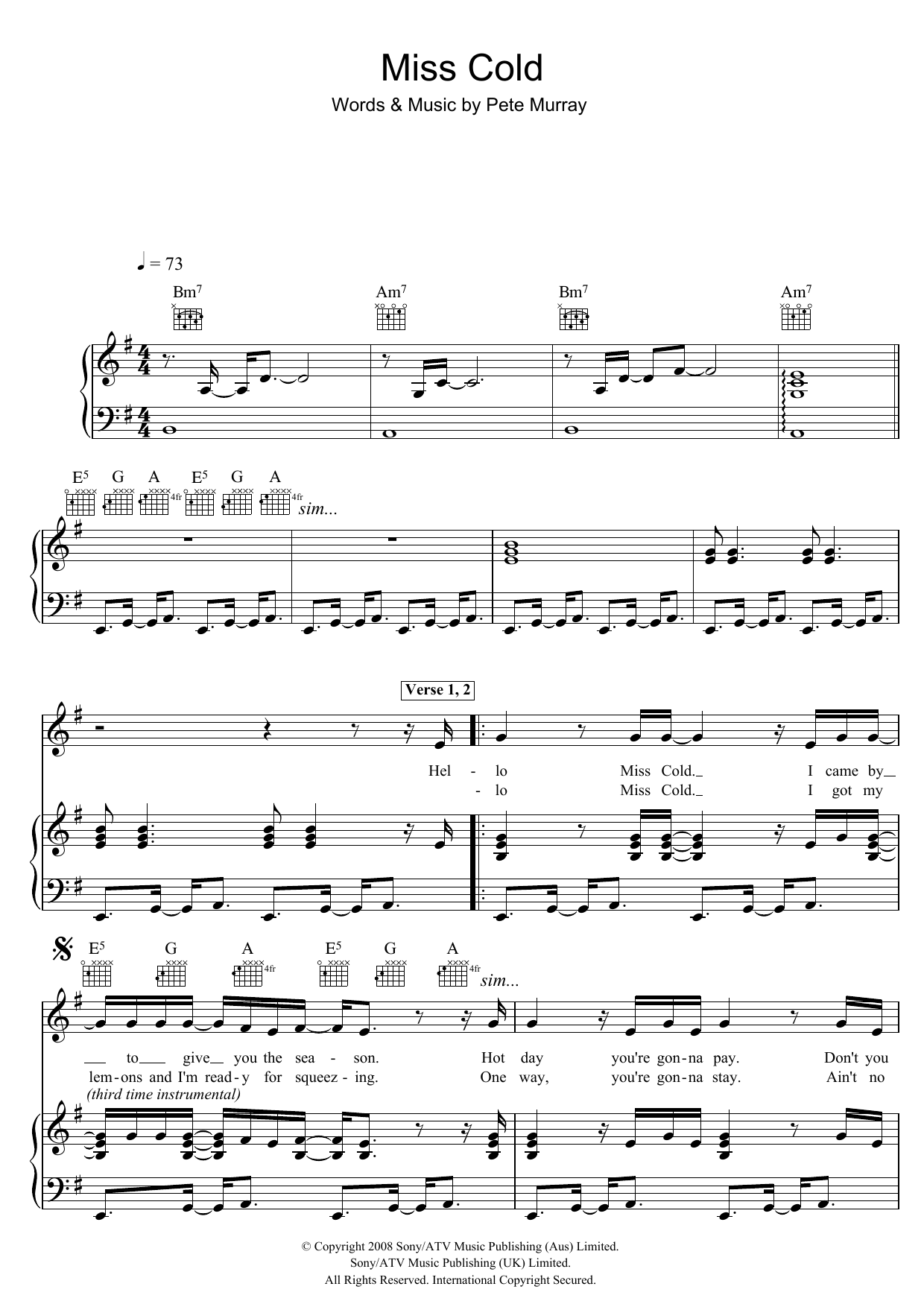 Pete Murray Miss Cold Sheet Music Notes & Chords for Piano, Vocal & Guitar (Right-Hand Melody) - Download or Print PDF