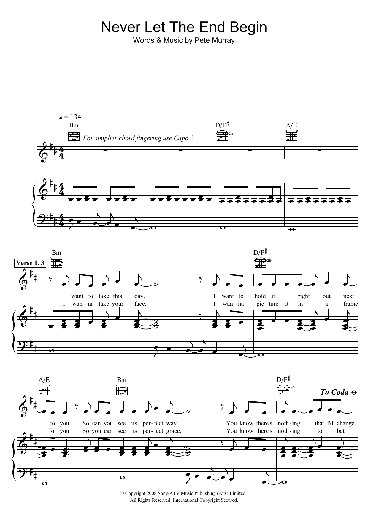 Pete Murray Never Let The End Begin Sheet Music Notes & Chords for Piano, Vocal & Guitar (Right-Hand Melody) - Download or Print PDF