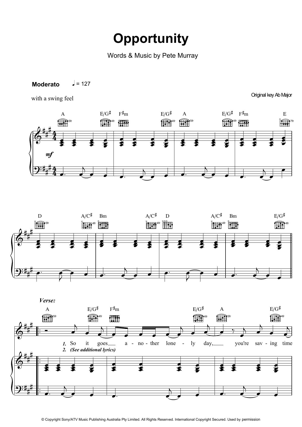Pete Murray Opportunity Sheet Music Notes & Chords for Piano, Vocal & Guitar - Download or Print PDF