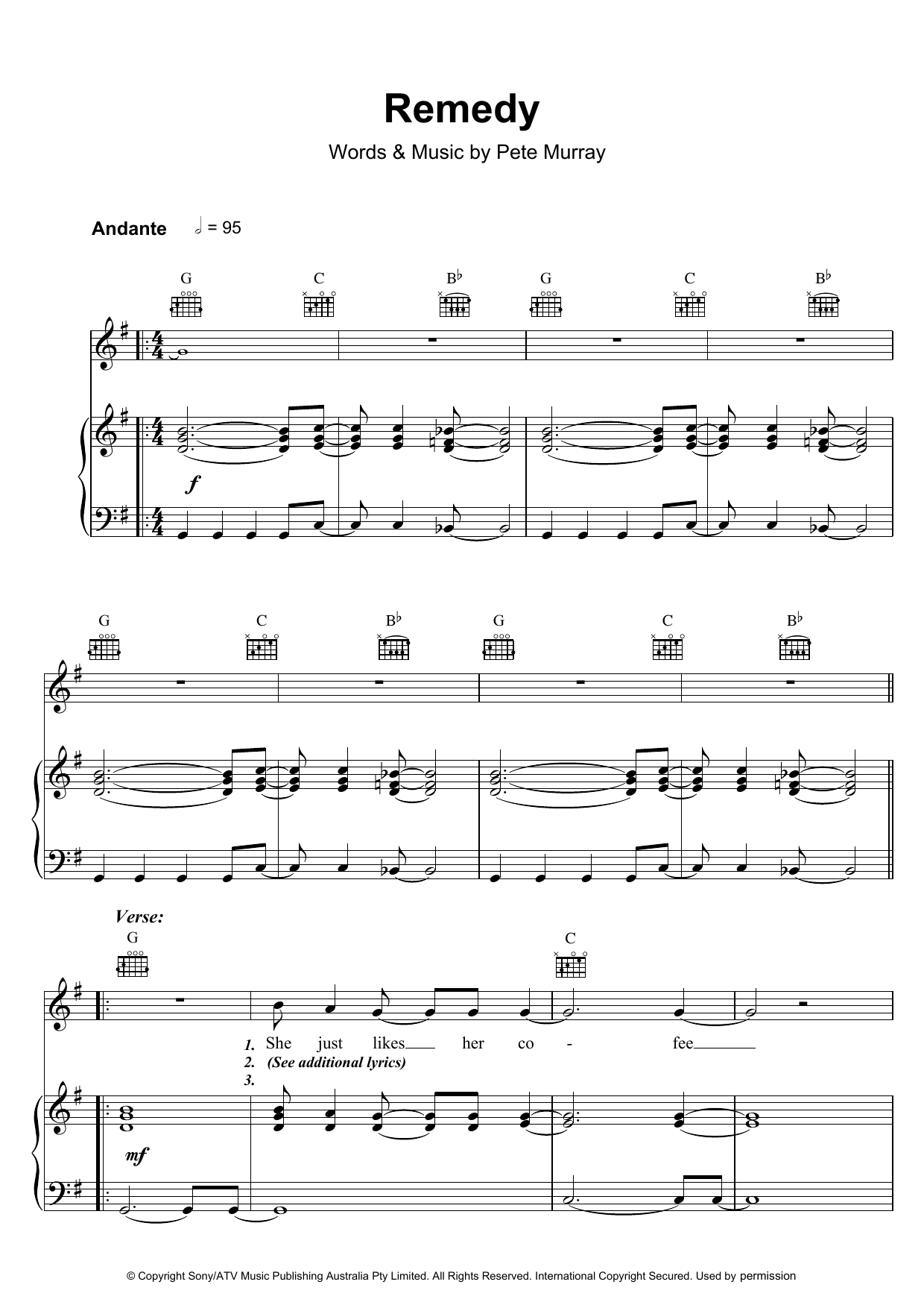 Pete Murray Remedy Sheet Music Notes & Chords for Piano, Vocal & Guitar (Right-Hand Melody) - Download or Print PDF