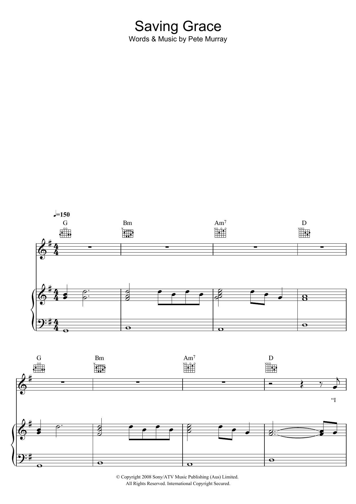 Pete Murray Saving Grace Sheet Music Notes & Chords for Piano, Vocal & Guitar (Right-Hand Melody) - Download or Print PDF