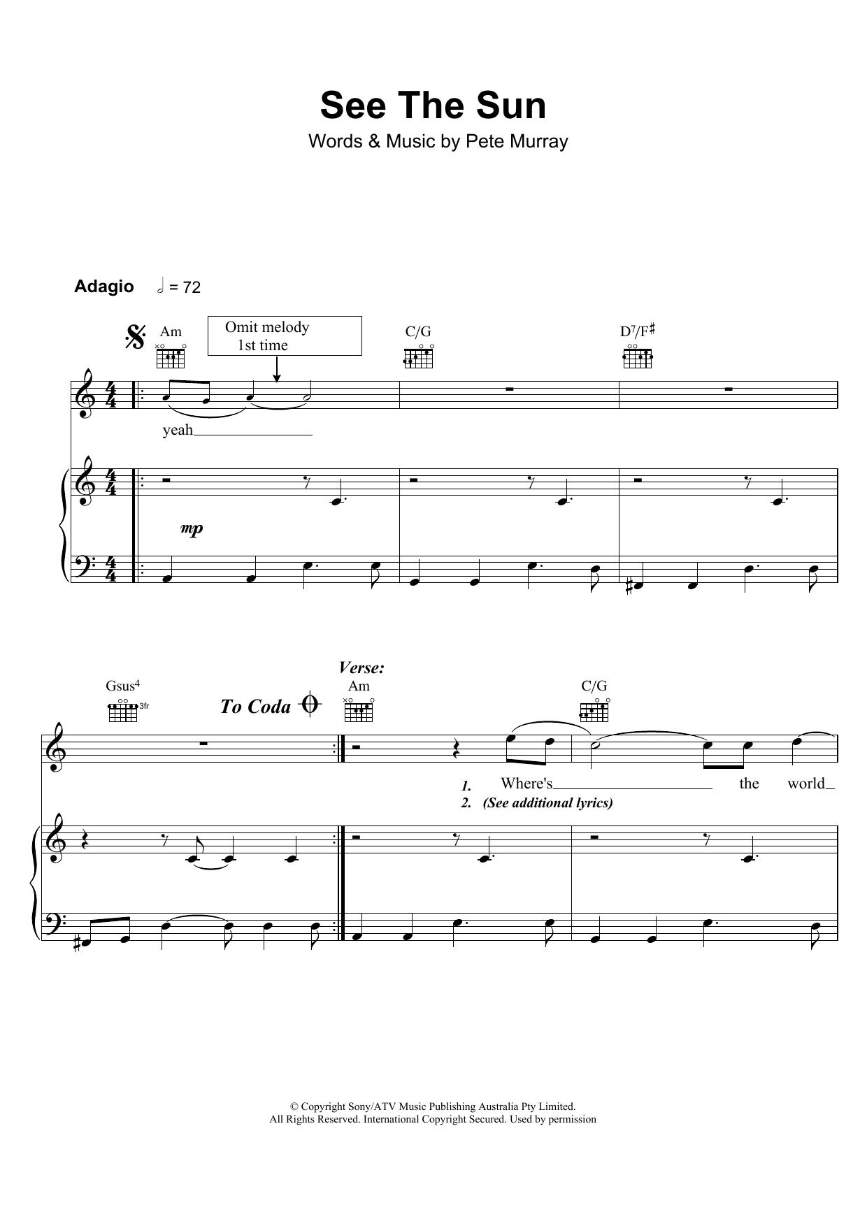 Pete Murray See The Sun Sheet Music Notes & Chords for Piano, Vocal & Guitar - Download or Print PDF