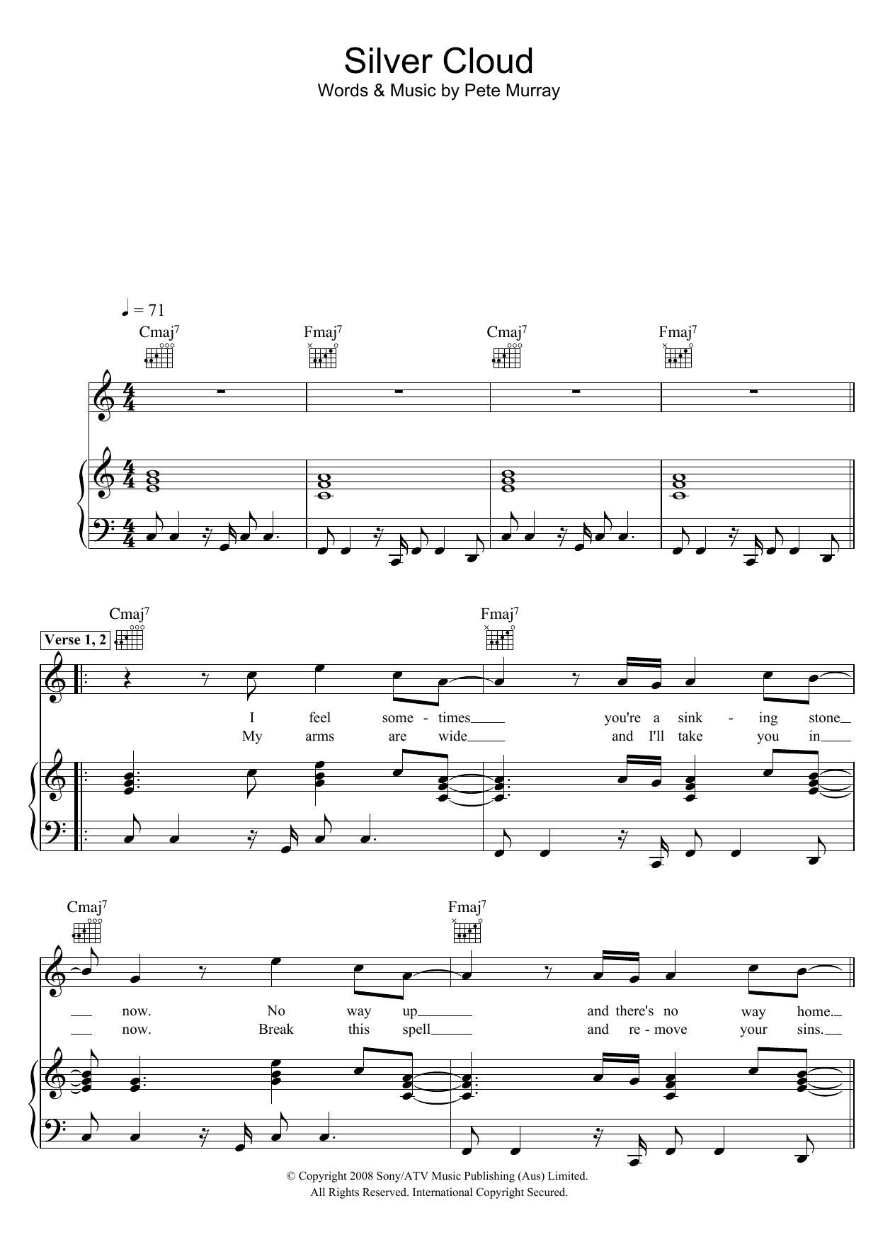 Pete Murray Silver Cloud Sheet Music Notes & Chords for Piano, Vocal & Guitar (Right-Hand Melody) - Download or Print PDF