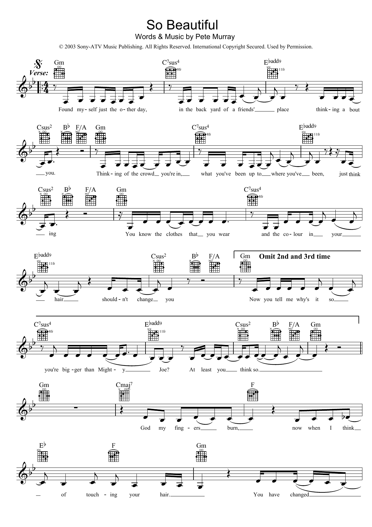 Pete Murray So Beautiful Sheet Music Notes & Chords for Melody Line, Lyrics & Chords - Download or Print PDF