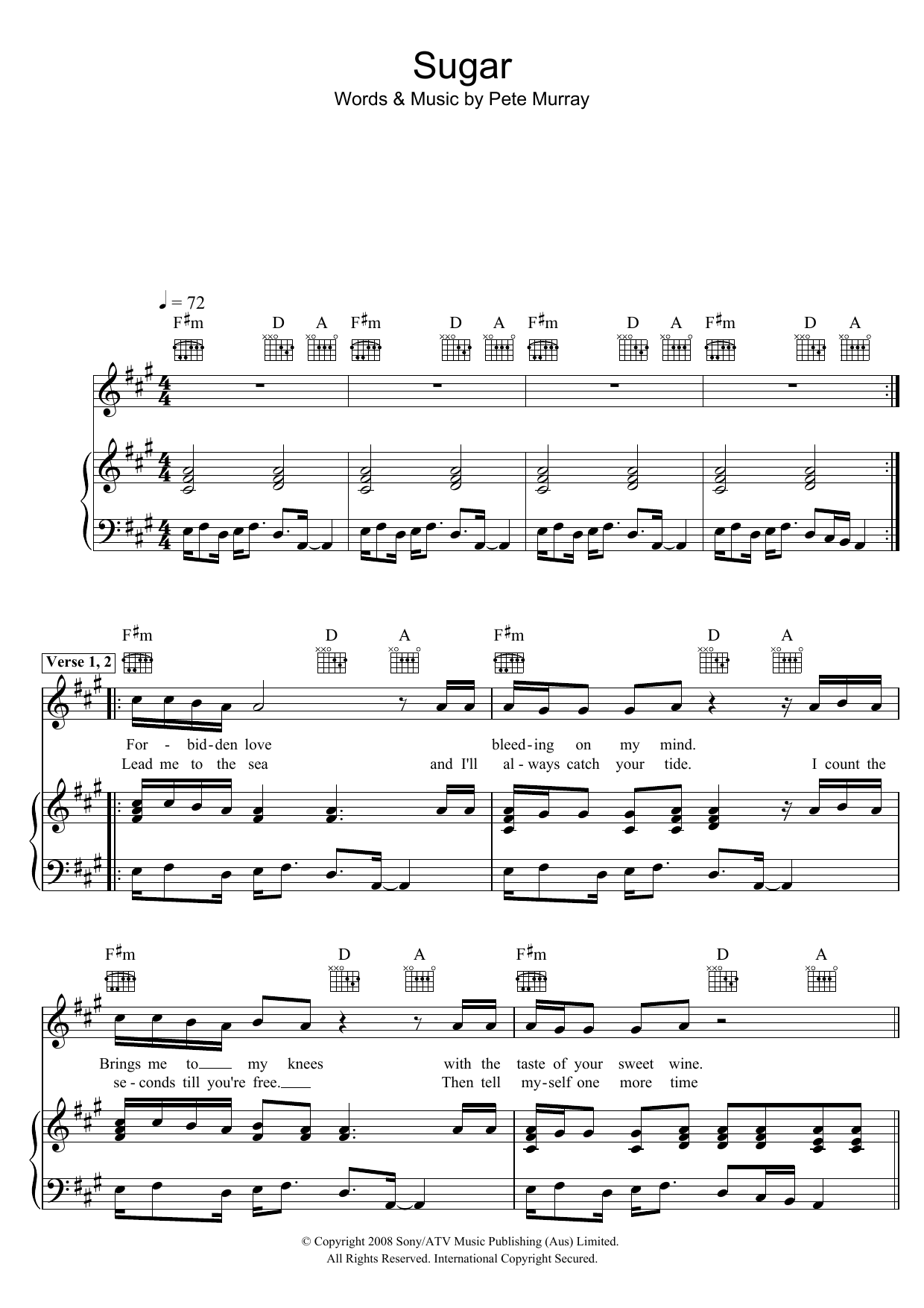 Pete Murray Sugar Sheet Music Notes & Chords for Piano, Vocal & Guitar (Right-Hand Melody) - Download or Print PDF